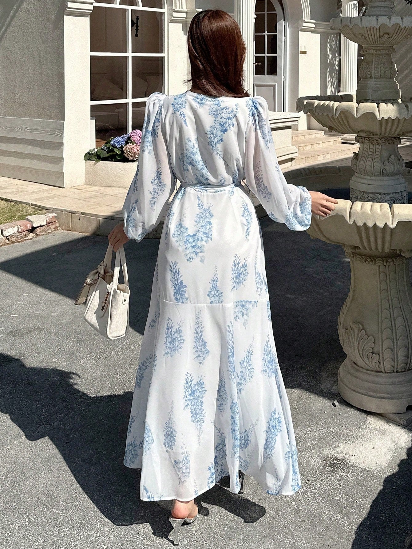 White and Sky Blue Floral Maxi Dress with Elegant Summer Style