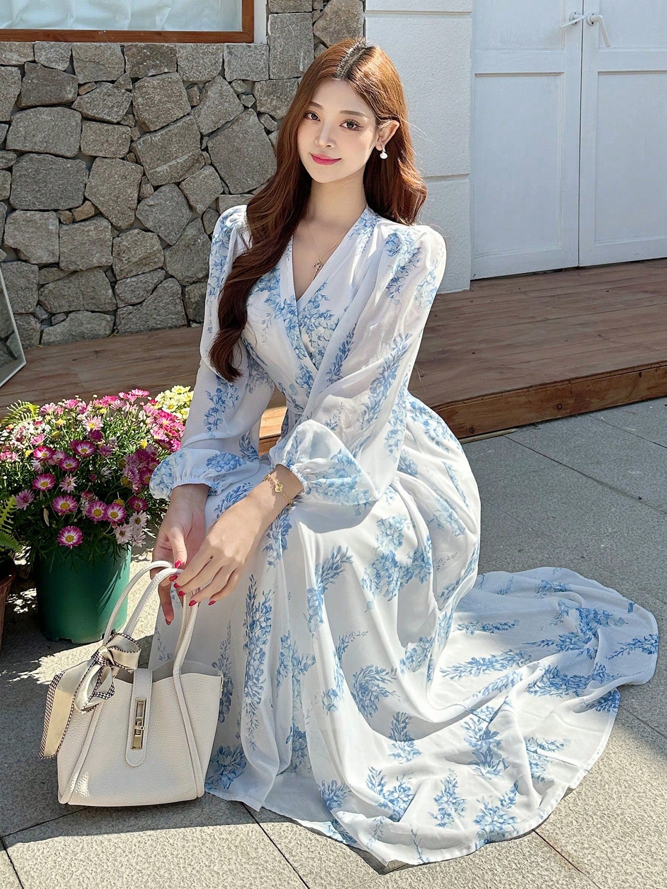 White and Sky Blue Floral Maxi Dress with Elegant Summer Style