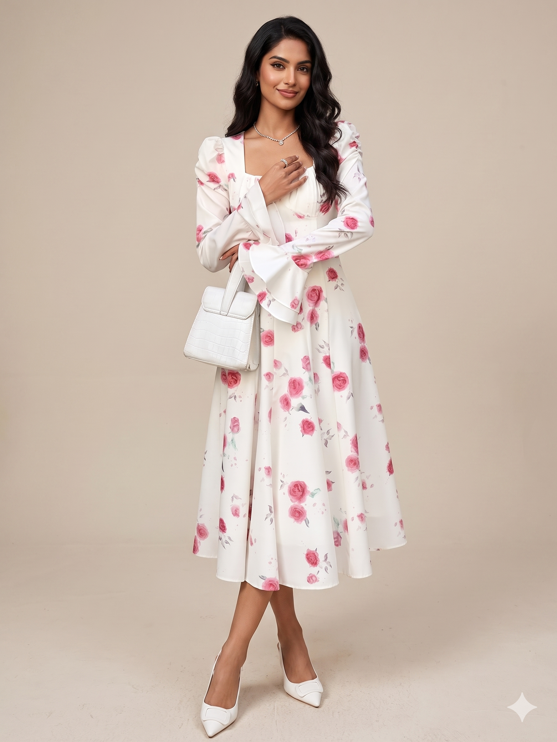White Floral Long Dress with Elegant Casual Style