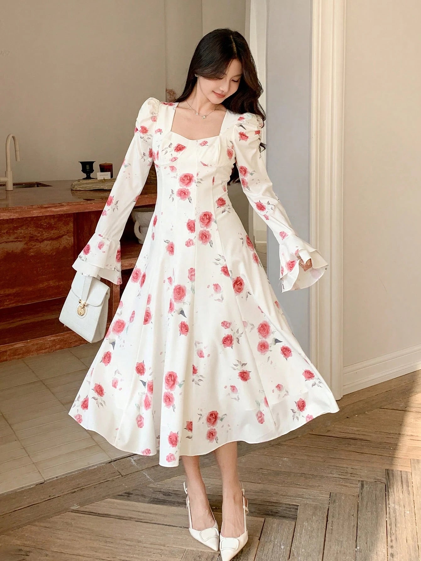 White Floral Long Dress with Elegant Casual Style