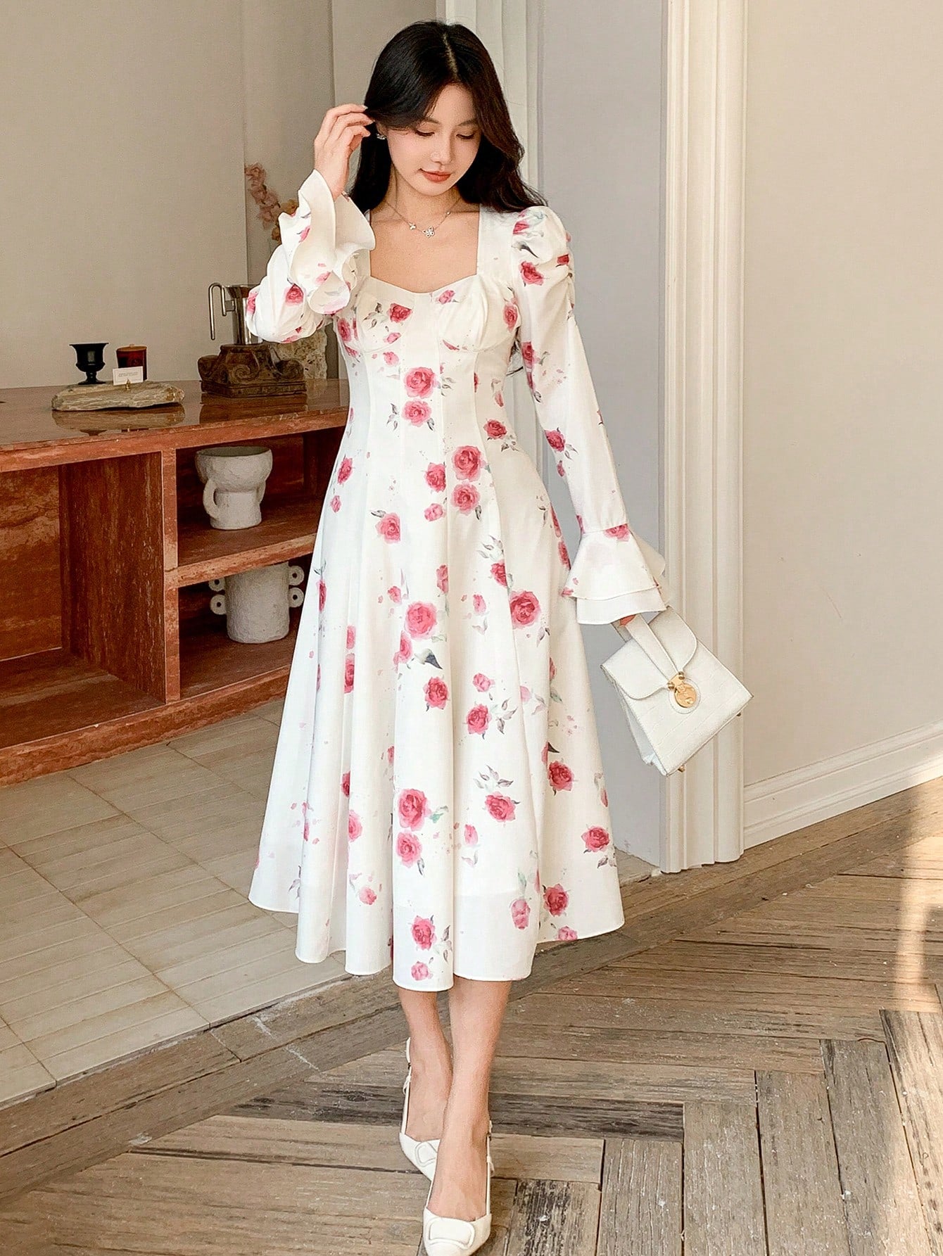 White Floral Long Dress with Elegant Casual Style