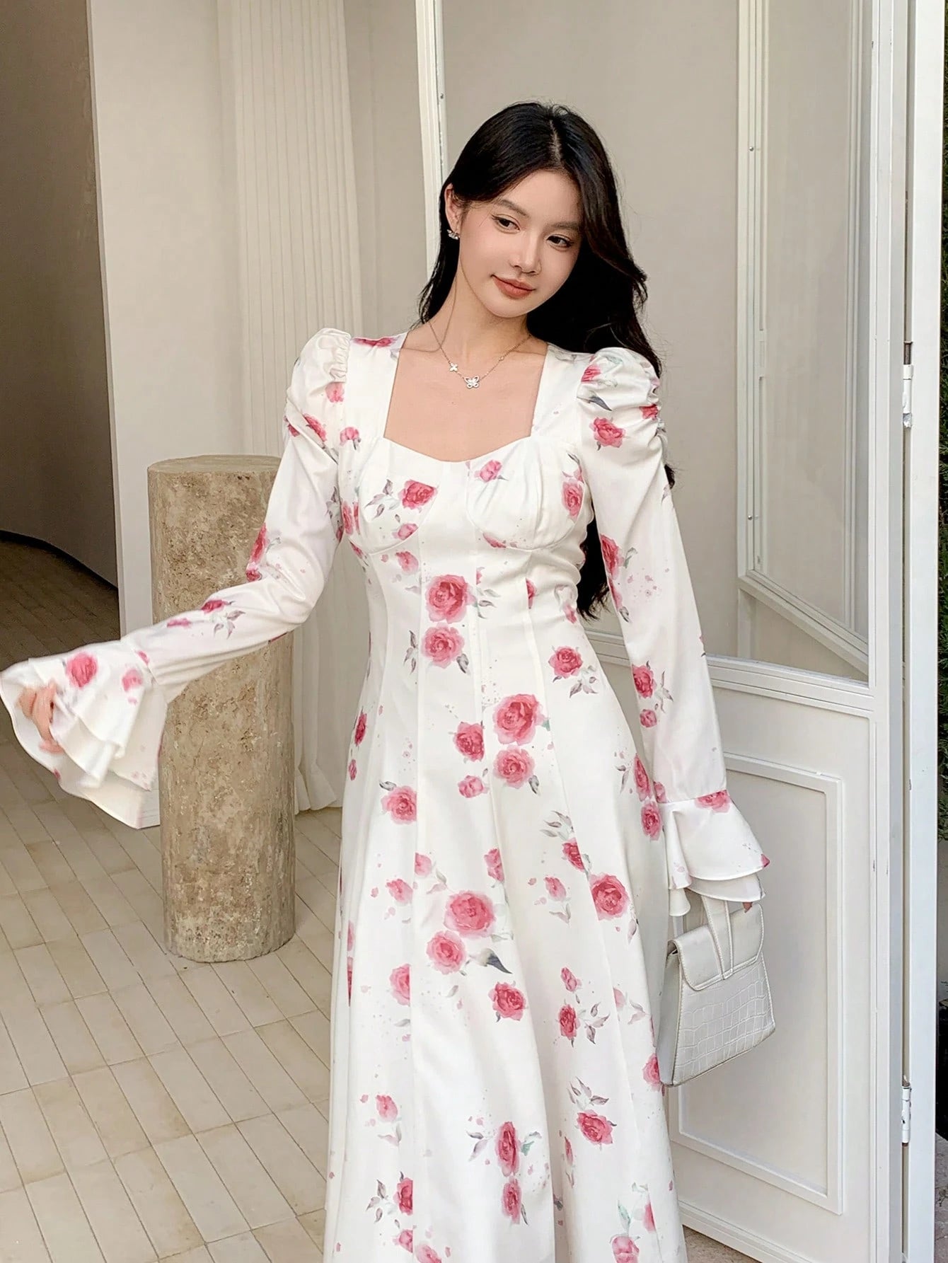 White Floral Long Dress with Elegant Casual Style