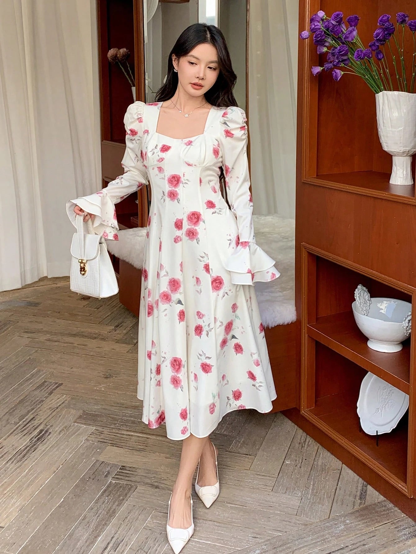 White Floral Long Dress with Elegant Casual Style