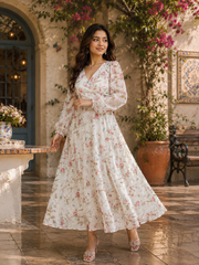 White Floral Midi Dress with Delicate Rose Print Design