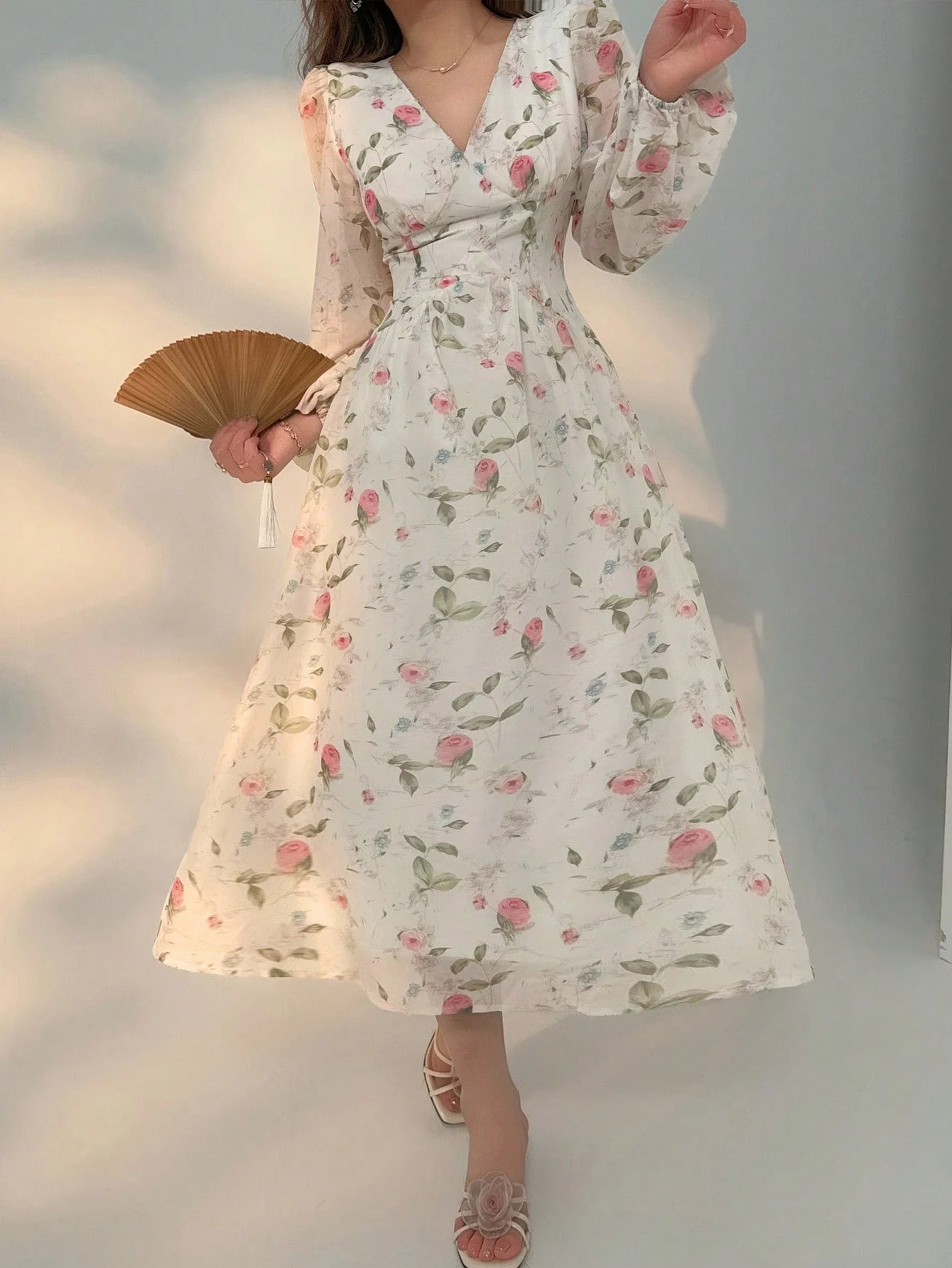 White Floral Midi Dress with Delicate Rose Print Design