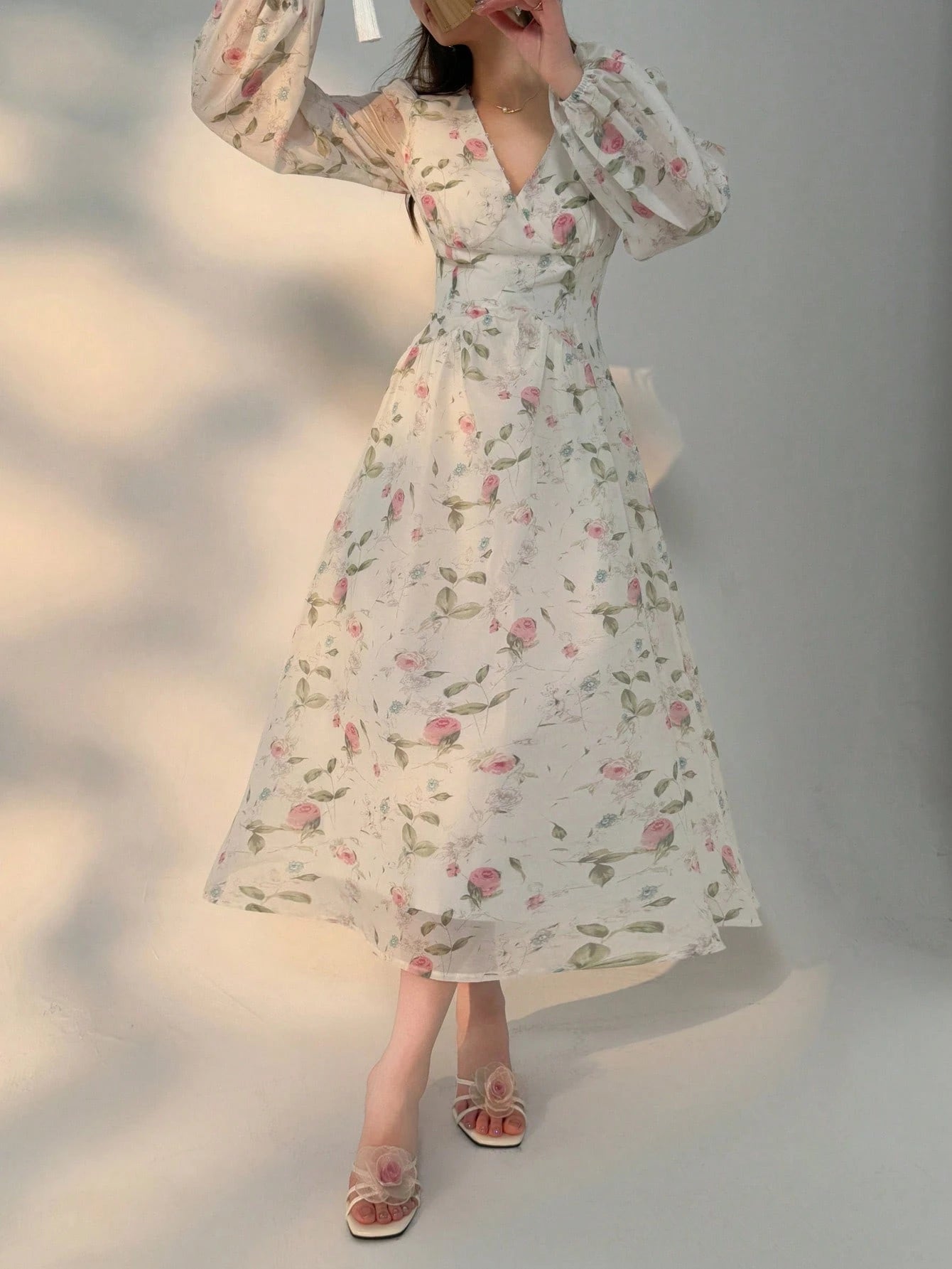 White Floral Midi Dress with Delicate Rose Print Design