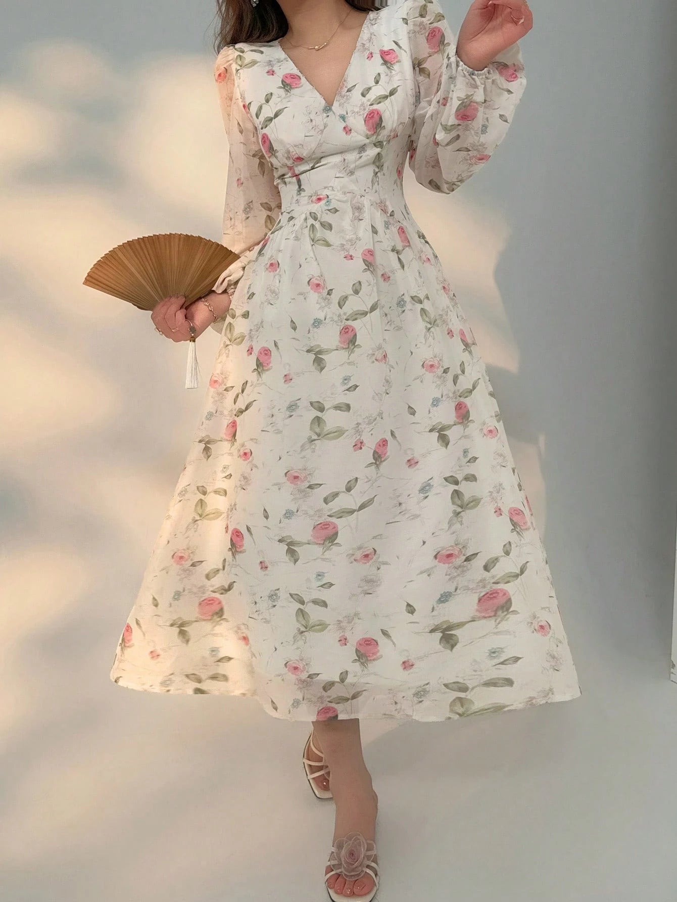 White Floral Midi Dress with Delicate Rose Print Design