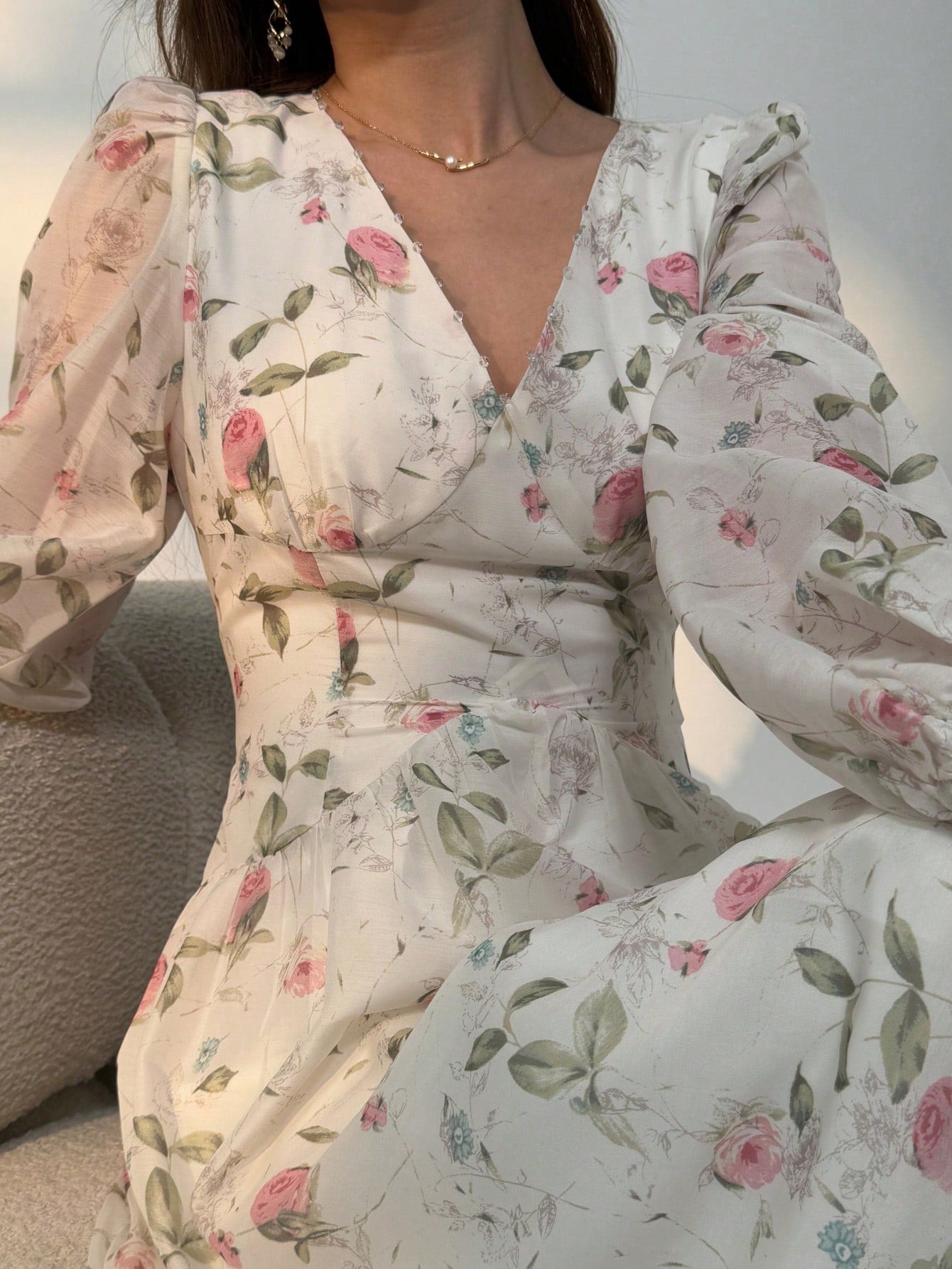 White Floral Midi Dress with Delicate Rose Print Design
