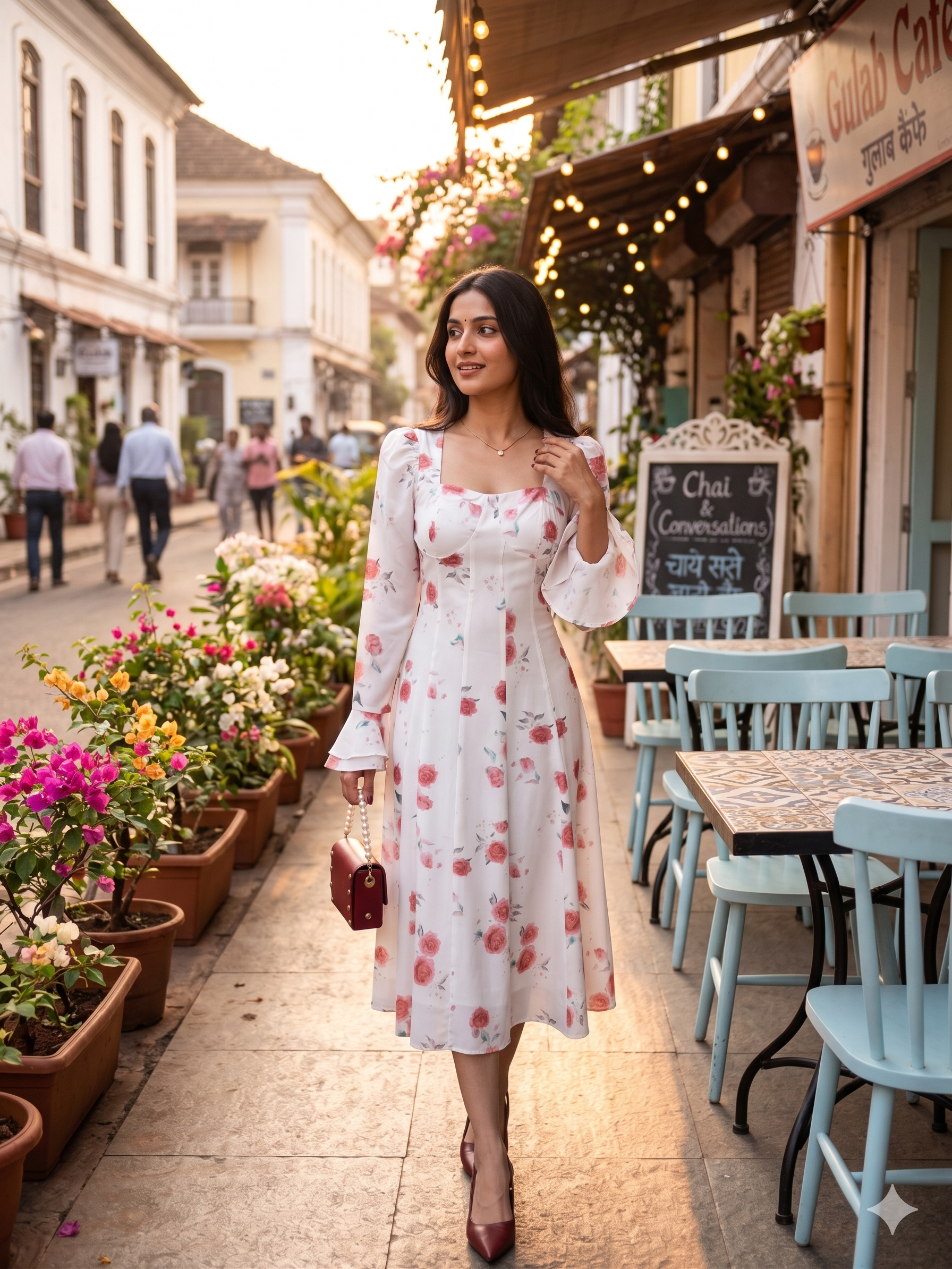 White Floral Midi Dress with Red Rose Print Design
