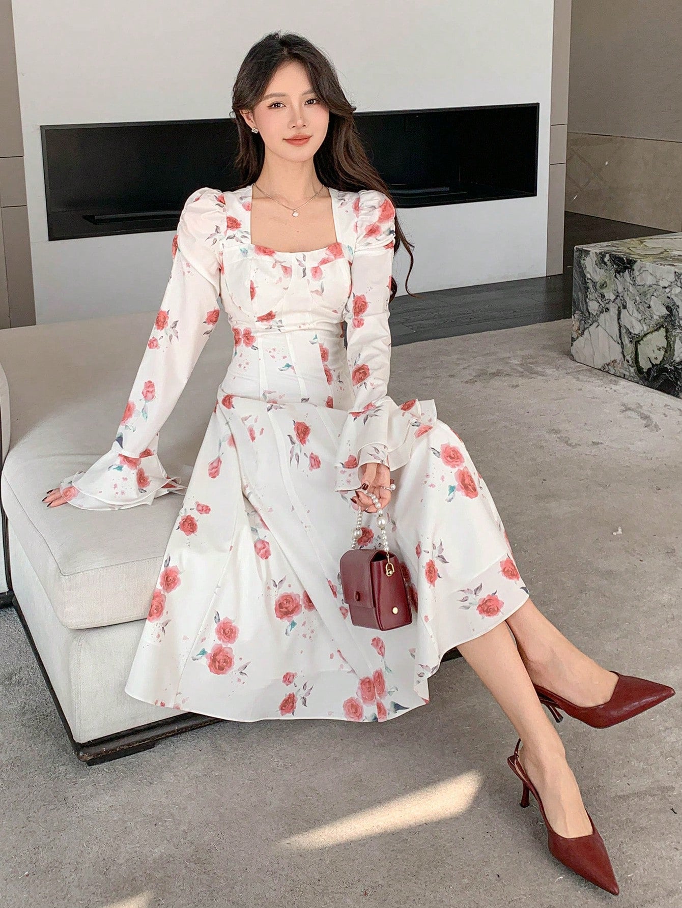 White Floral Midi Dress with Red Rose Print Design