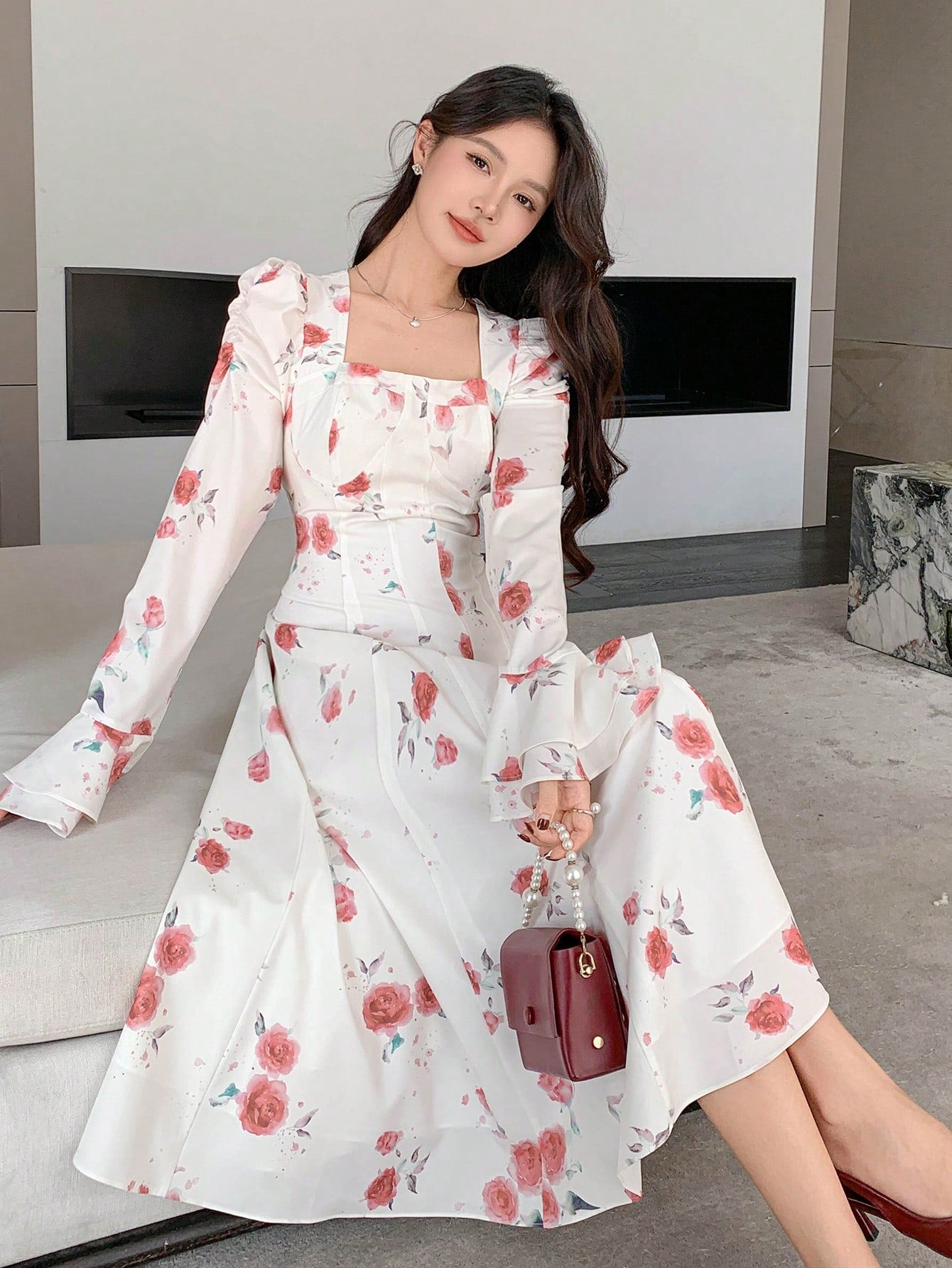 White Floral Midi Dress with Red Rose Print Design