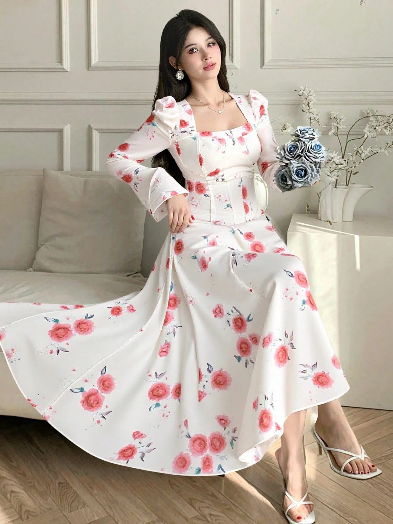 White Floral Midi Dress with Red Rose Print Design