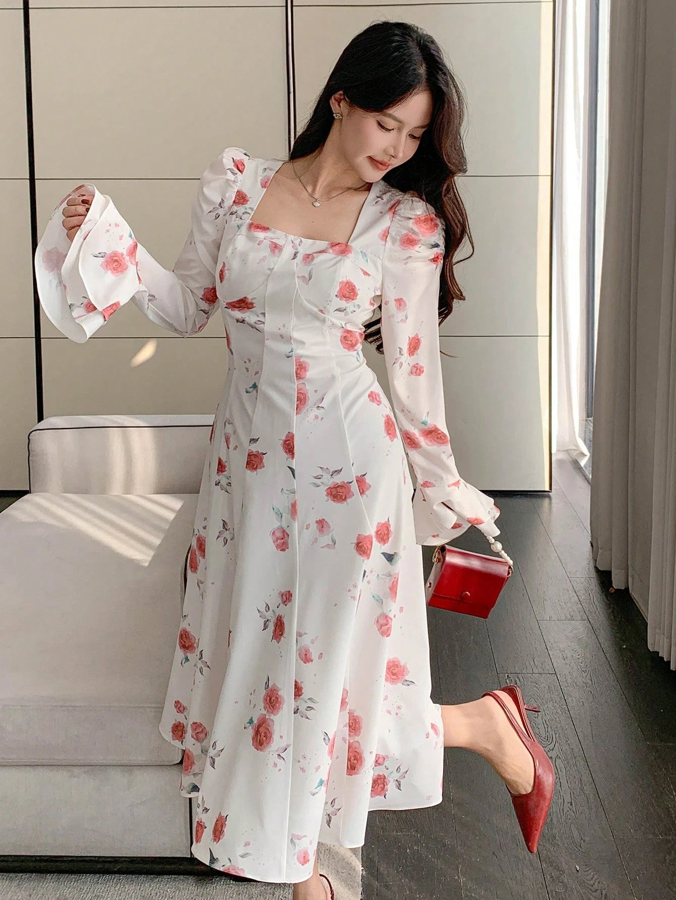 White Floral Midi Dress with Red Rose Print Design