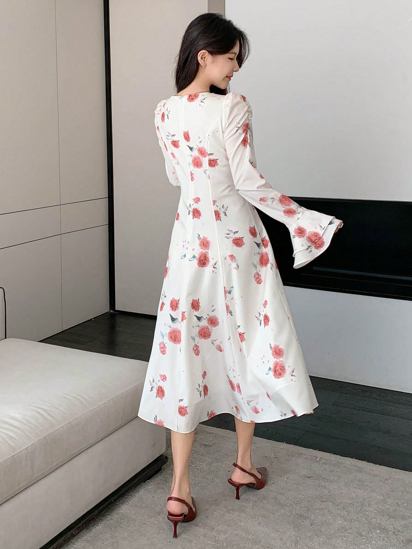 White Floral Midi Dress with Red Rose Print Design