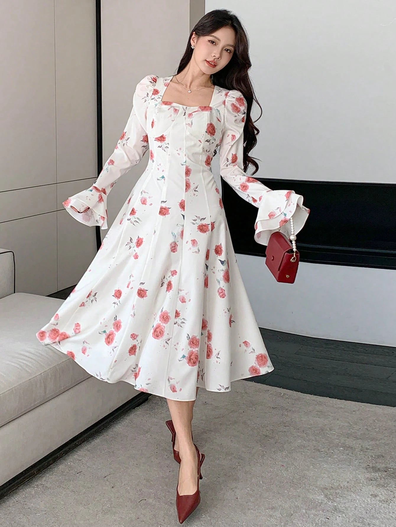 White Floral Midi Dress with Red Rose Print Design
