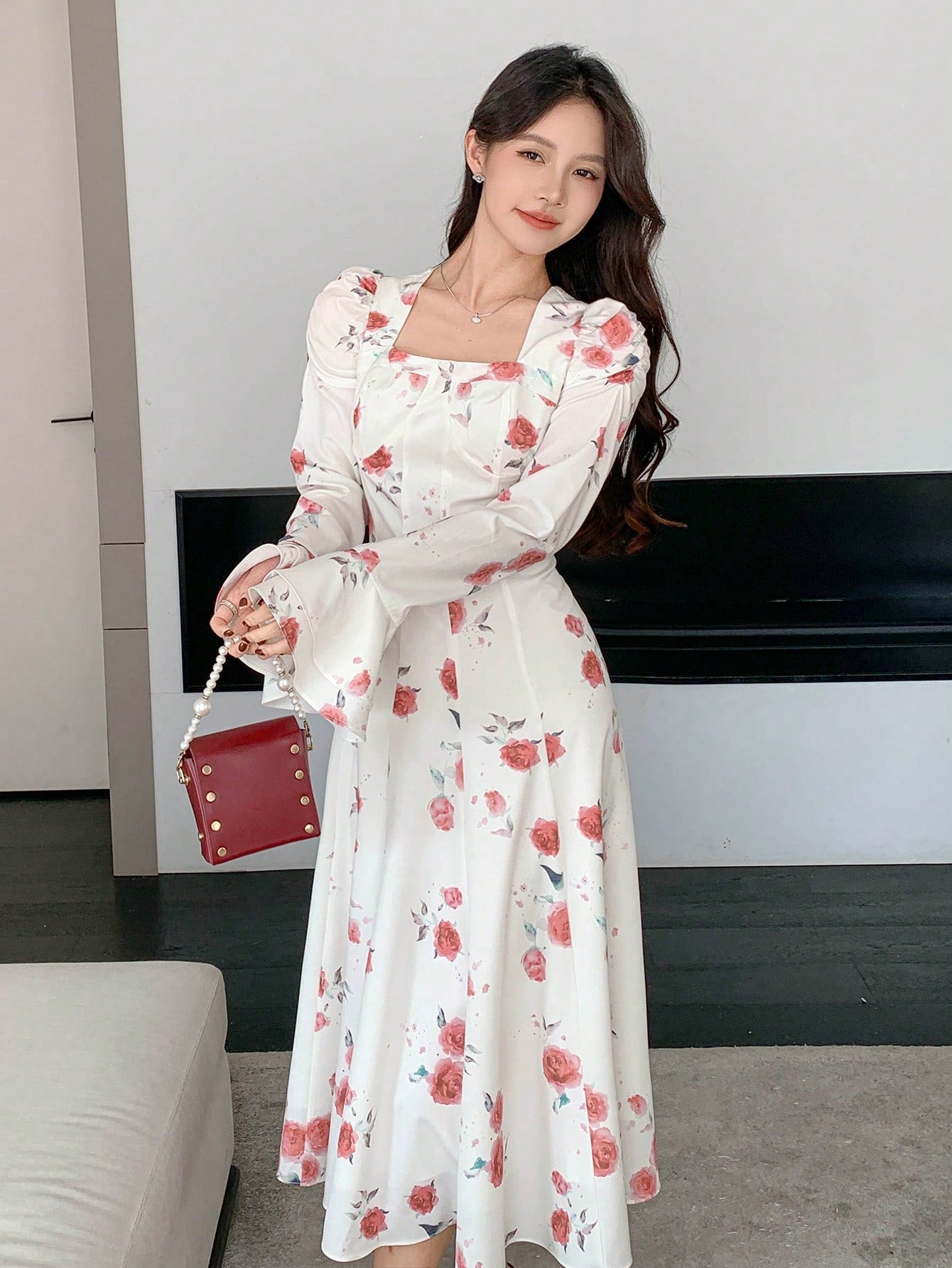 White Floral Midi Dress with Red Rose Print Design