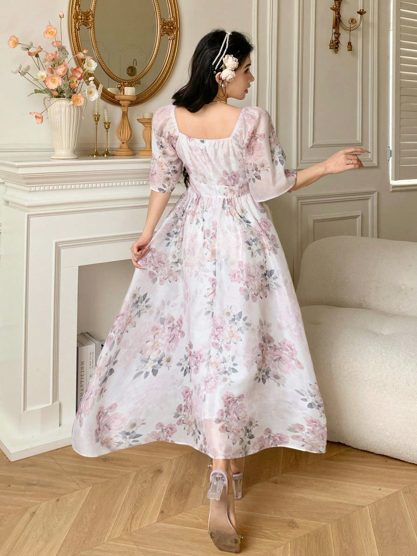 White Floral Printed Maxi Dress with Soft Elegant Look