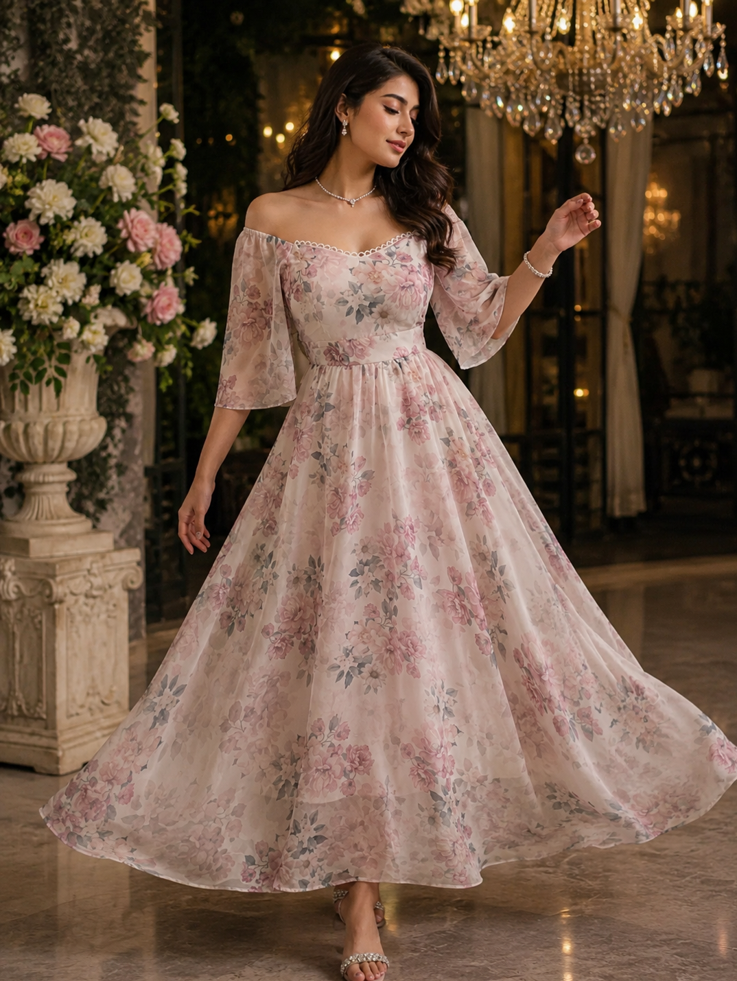 White Floral Printed Maxi Dress with Soft Elegant Look