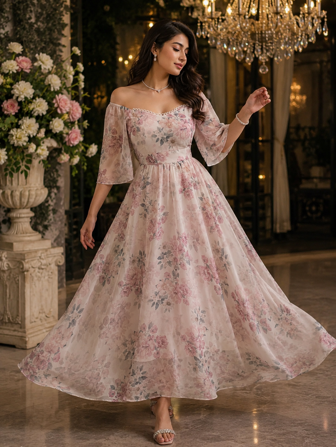 White Floral Printed Maxi Dress with Soft Elegant Look