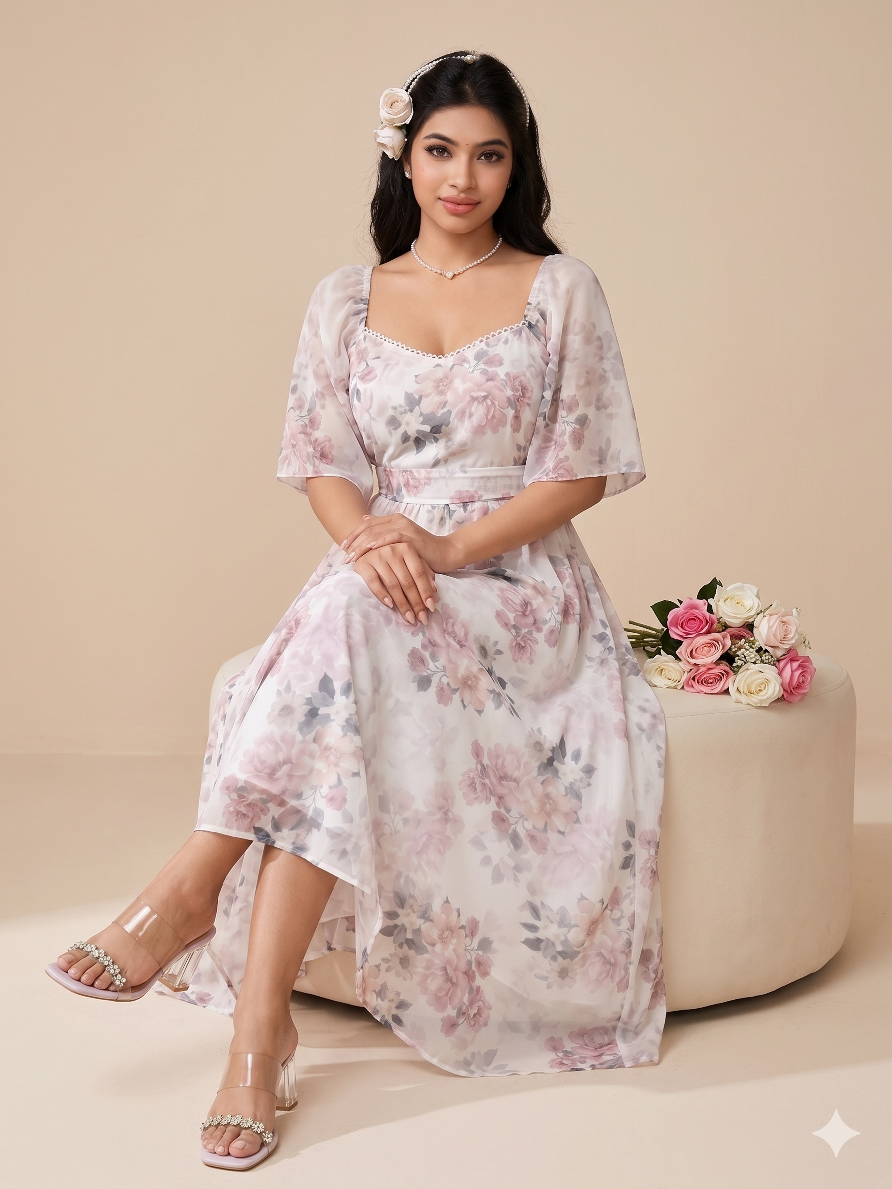 White Floral Printed Maxi Dress with Soft Elegant Look