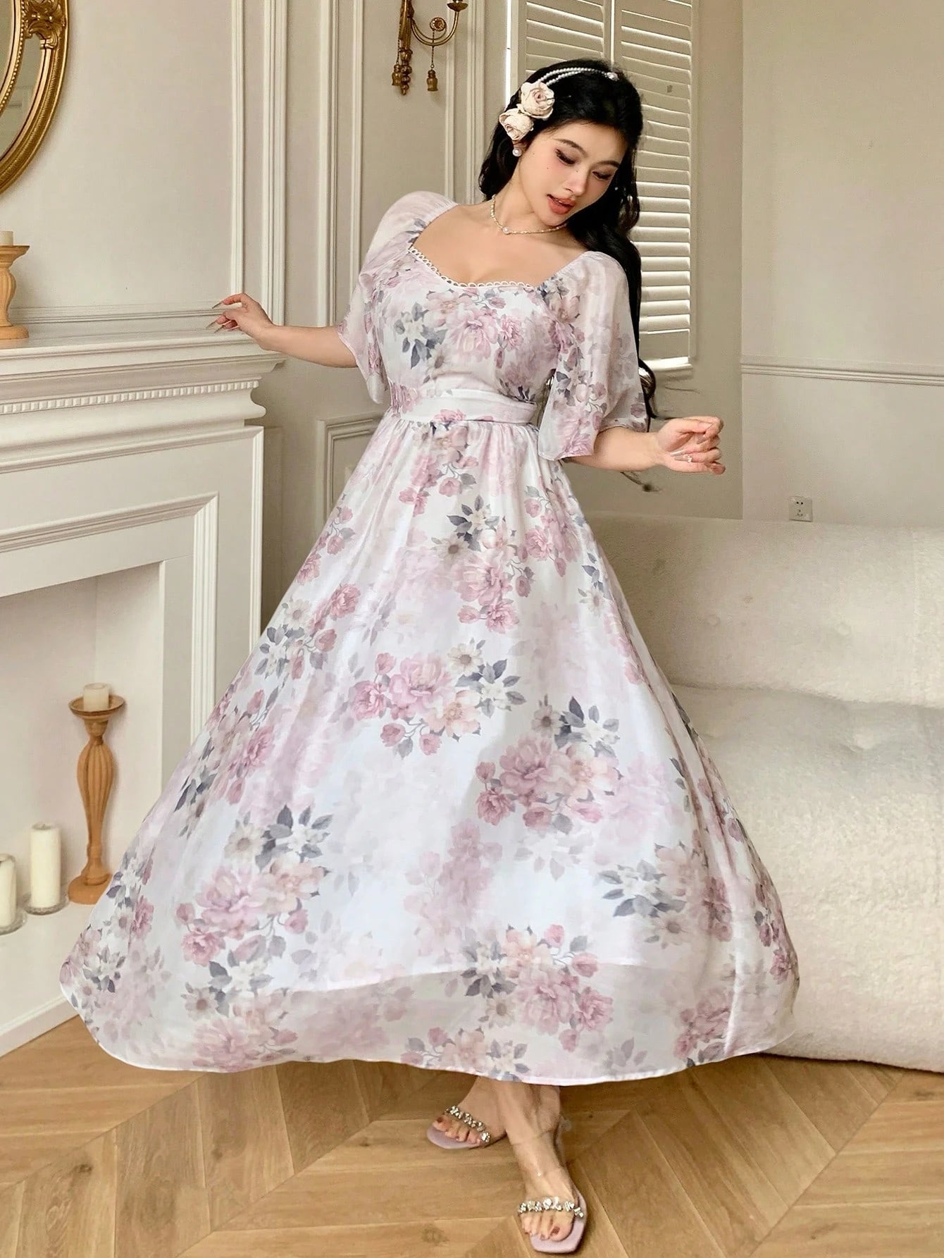 White Floral Printed Maxi Dress with Soft Elegant Look