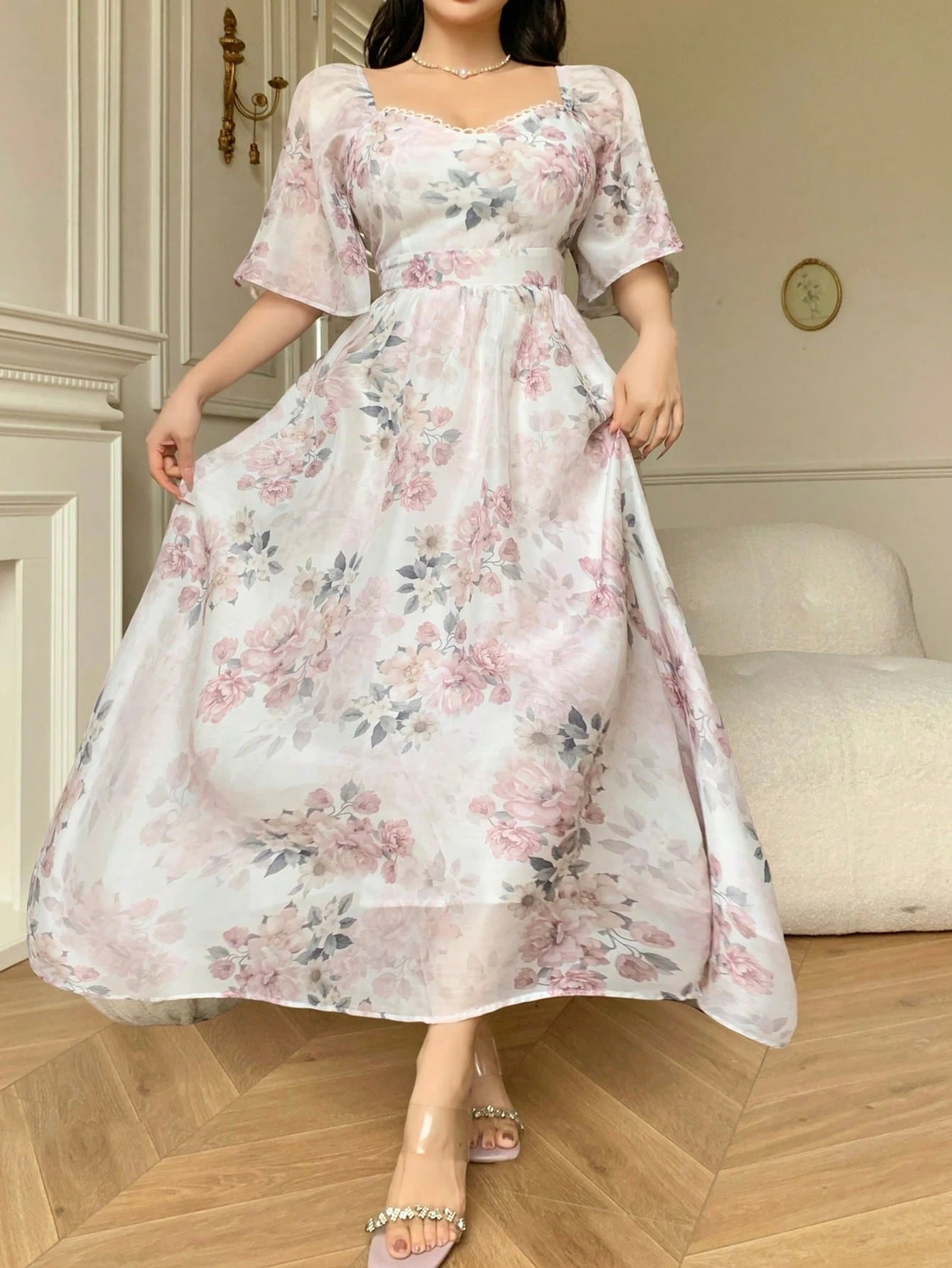 White Floral Printed Maxi Dress with Soft Elegant Look