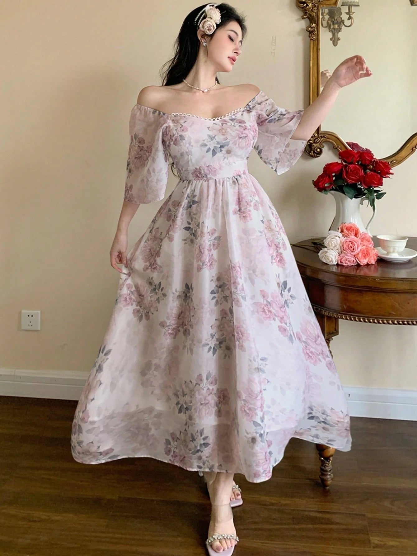 White Floral Printed Maxi Dress with Soft Elegant Look
