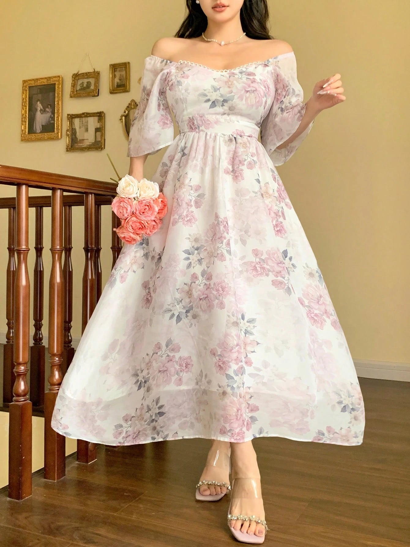 White Floral Printed Maxi Dress with Soft Elegant Look