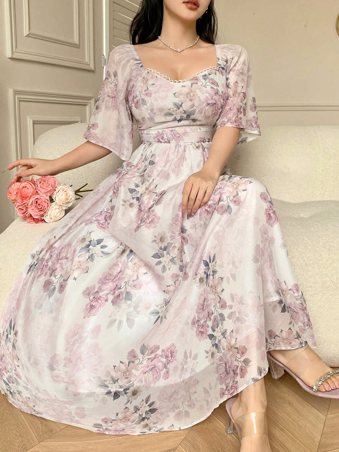 White Floral Printed Maxi Dress with Soft Elegant Look