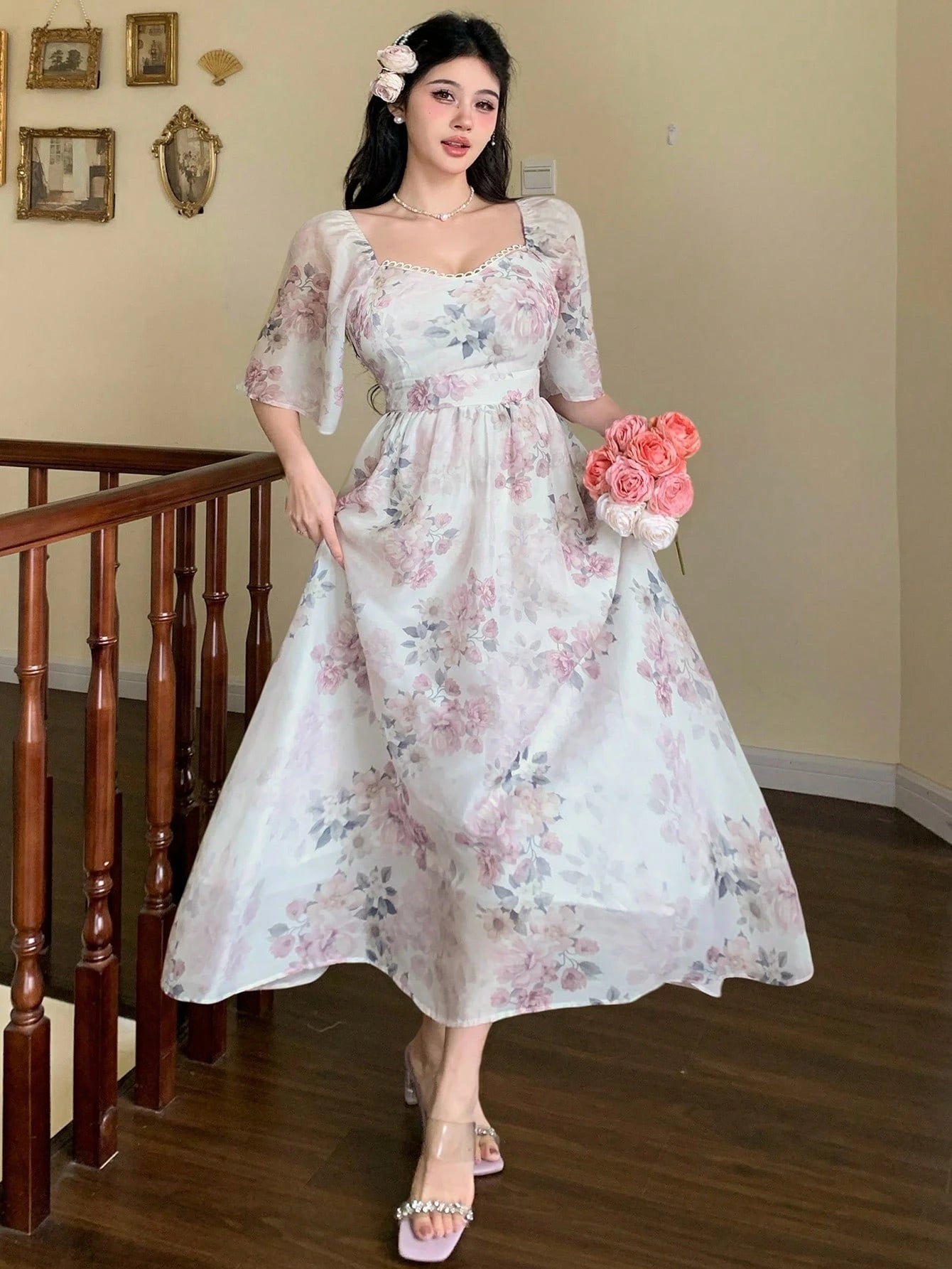 White Floral Printed Maxi Dress with Soft Elegant Look