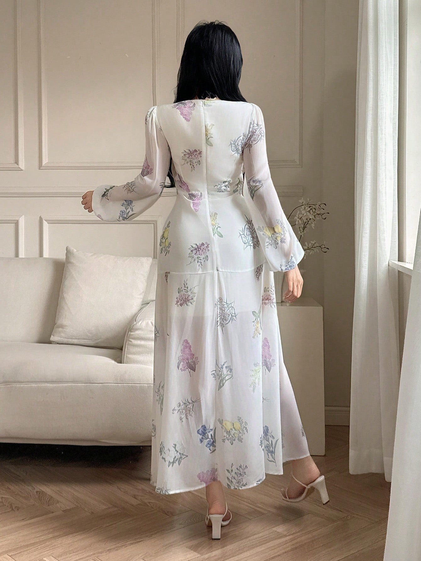 White Floral Slit Maxi Dress with Soft Pastel Print
