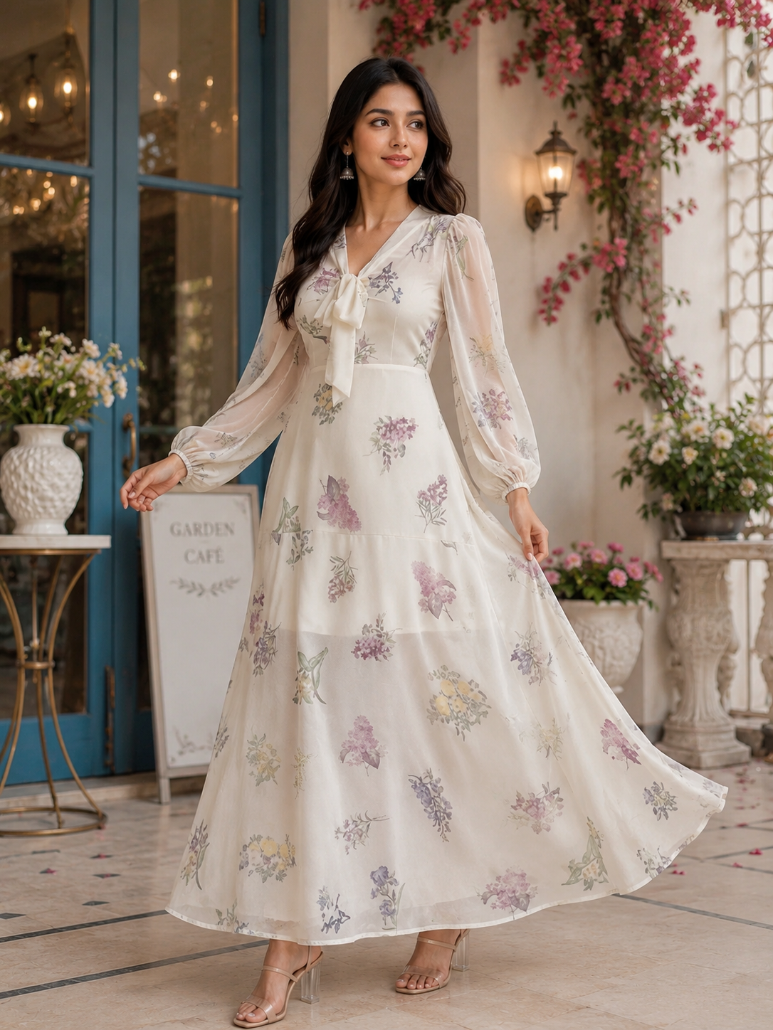White Floral Slit Maxi Dress with Soft Pastel Print