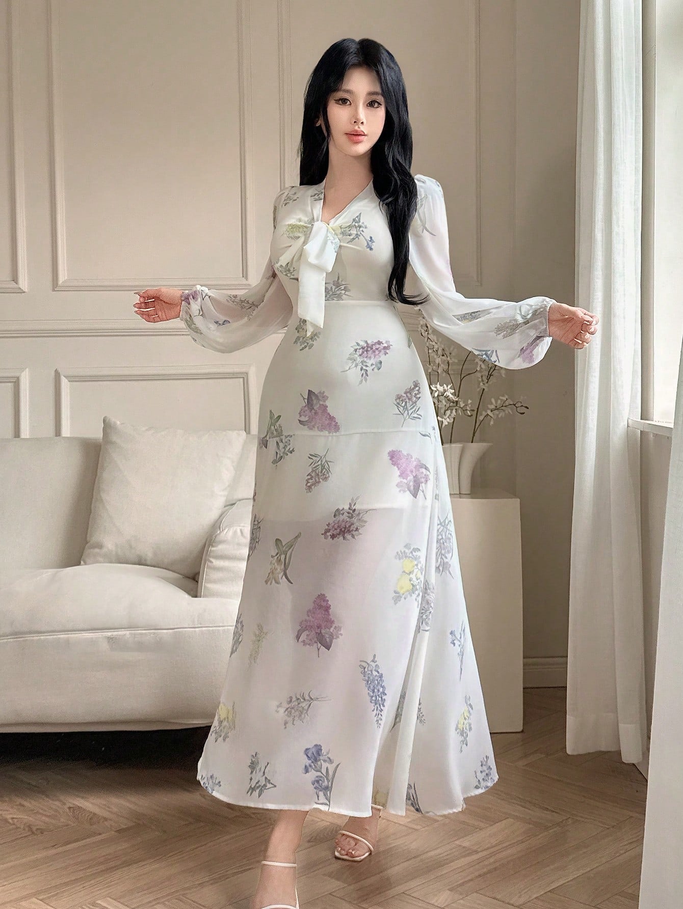 White Floral Slit Maxi Dress with Soft Pastel Print