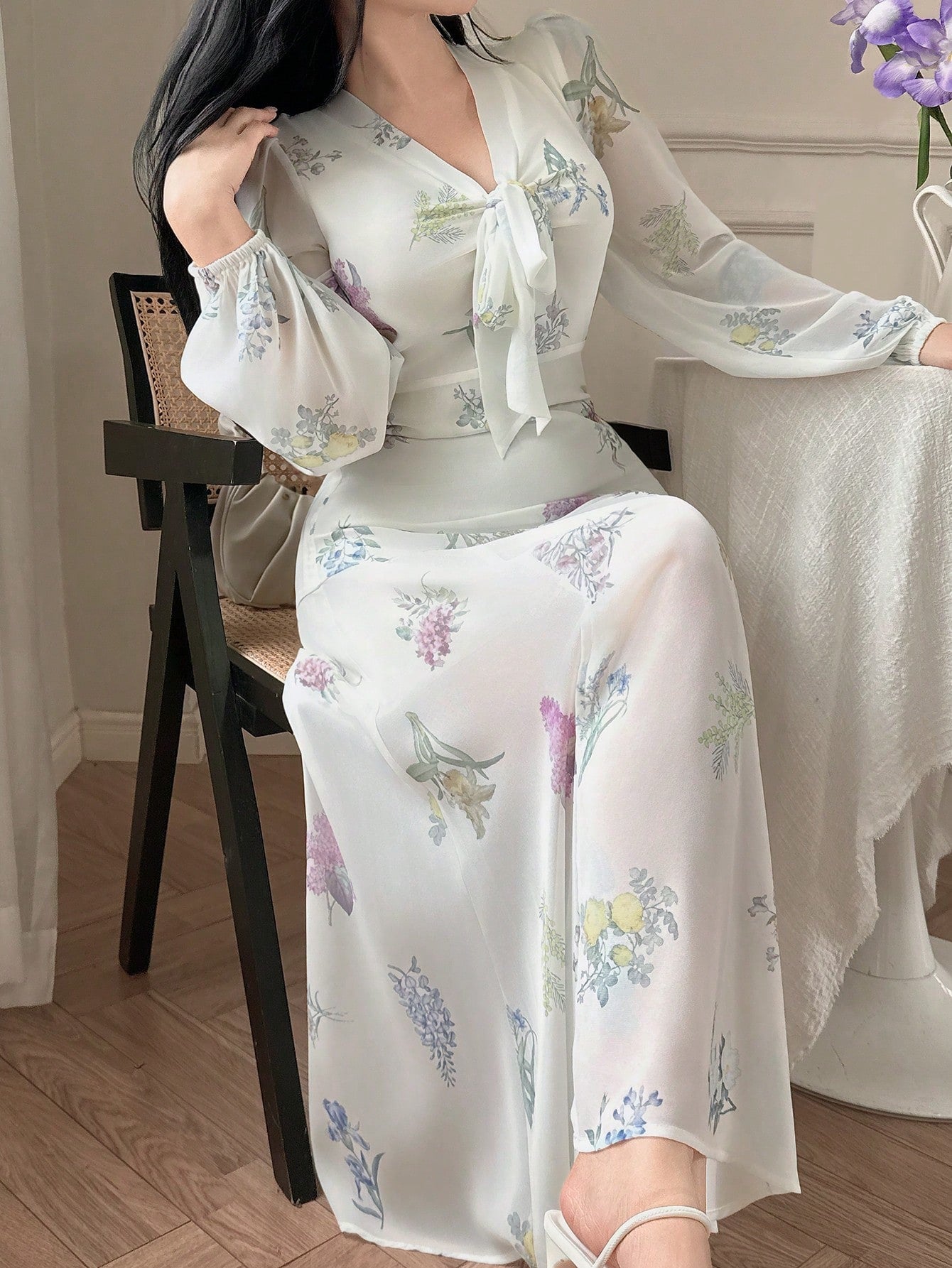 White Floral Slit Maxi Dress with Soft Pastel Print