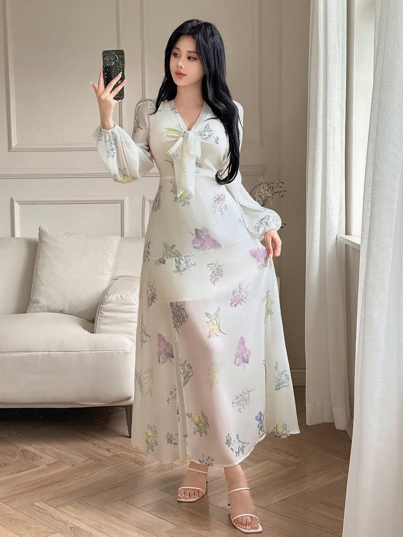 White Floral Slit Maxi Dress with Soft Pastel Print