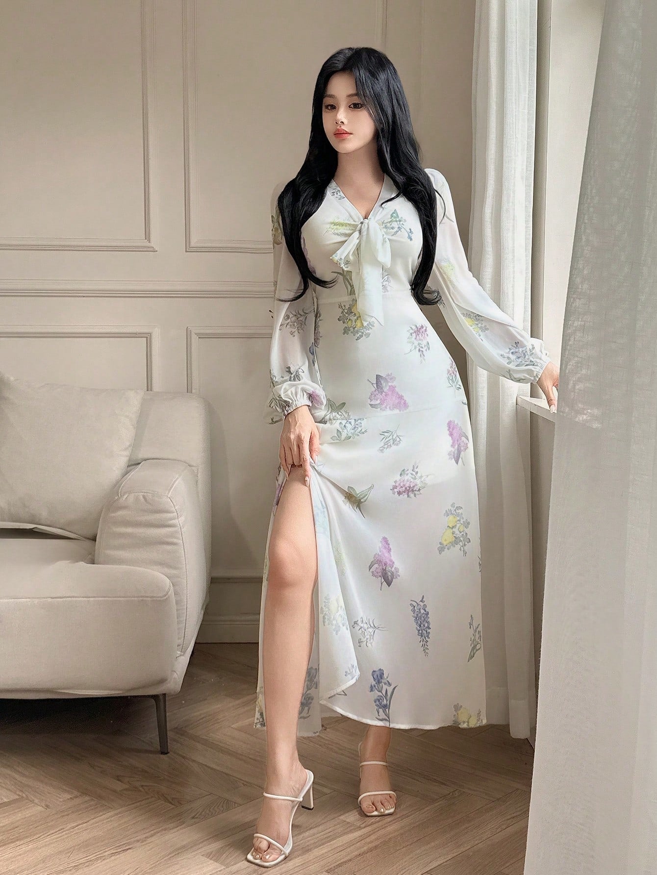 White Floral Slit Maxi Dress with Soft Pastel Print