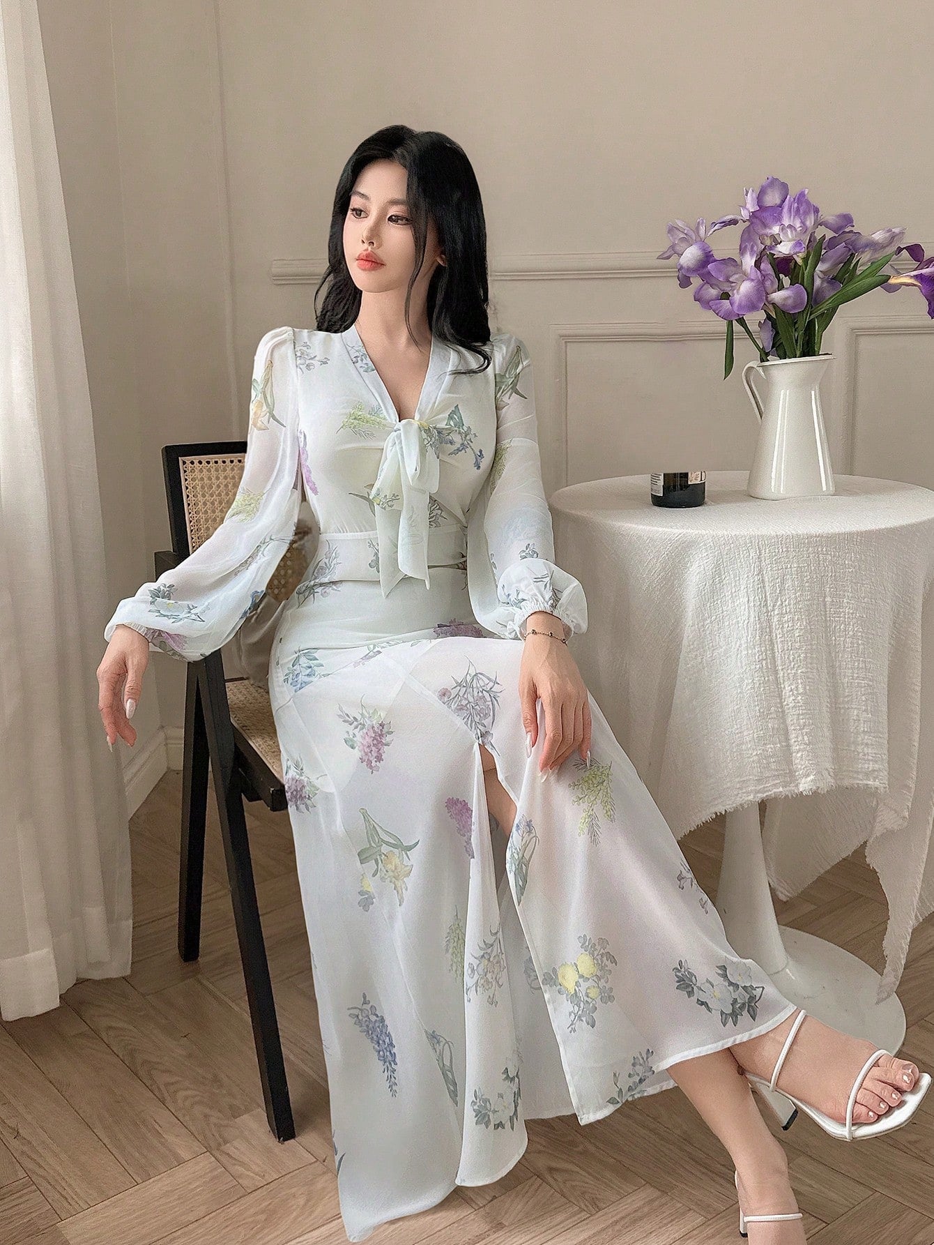White Floral Slit Maxi Dress with Soft Pastel Print