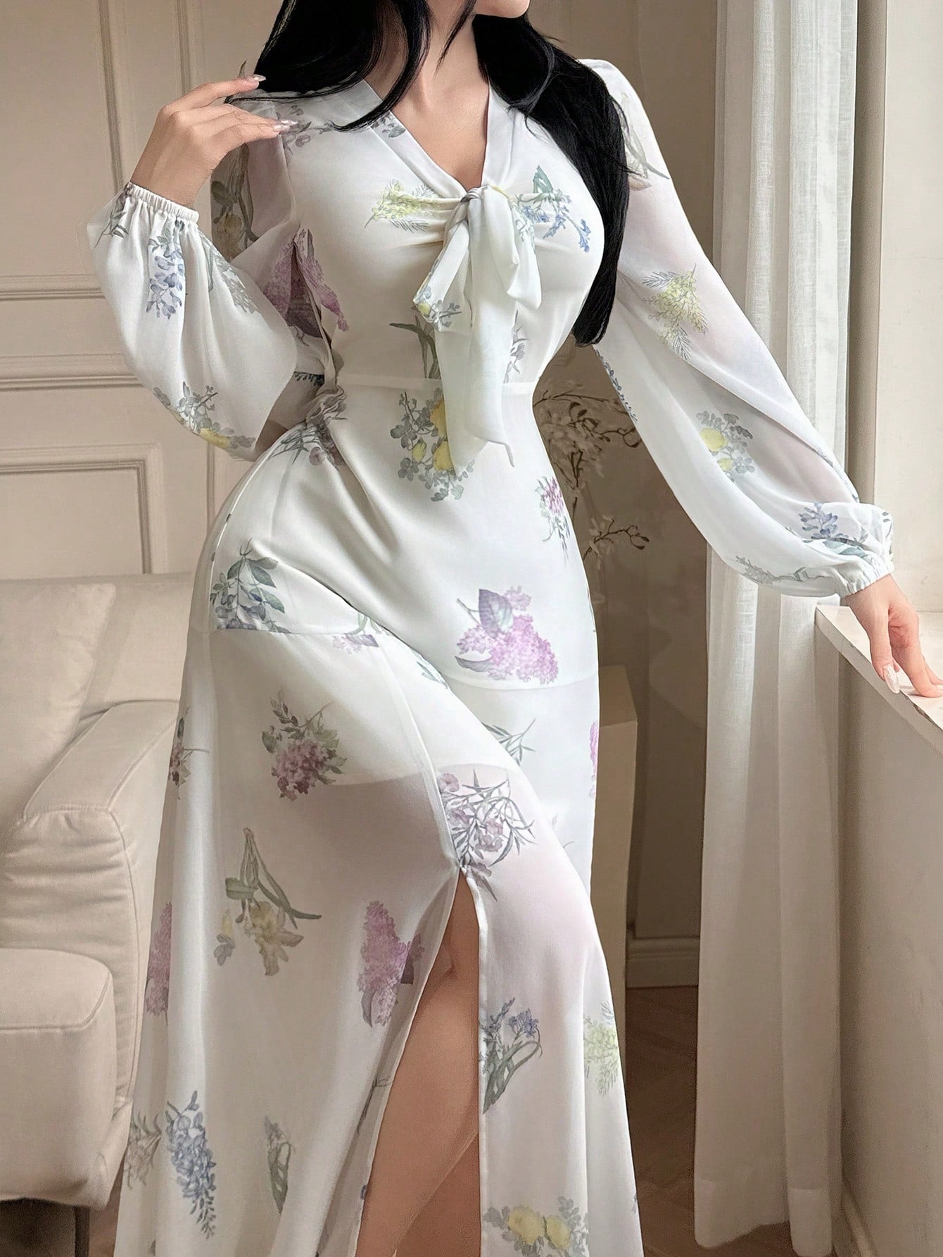 White Floral Slit Maxi Dress with Soft Pastel Print