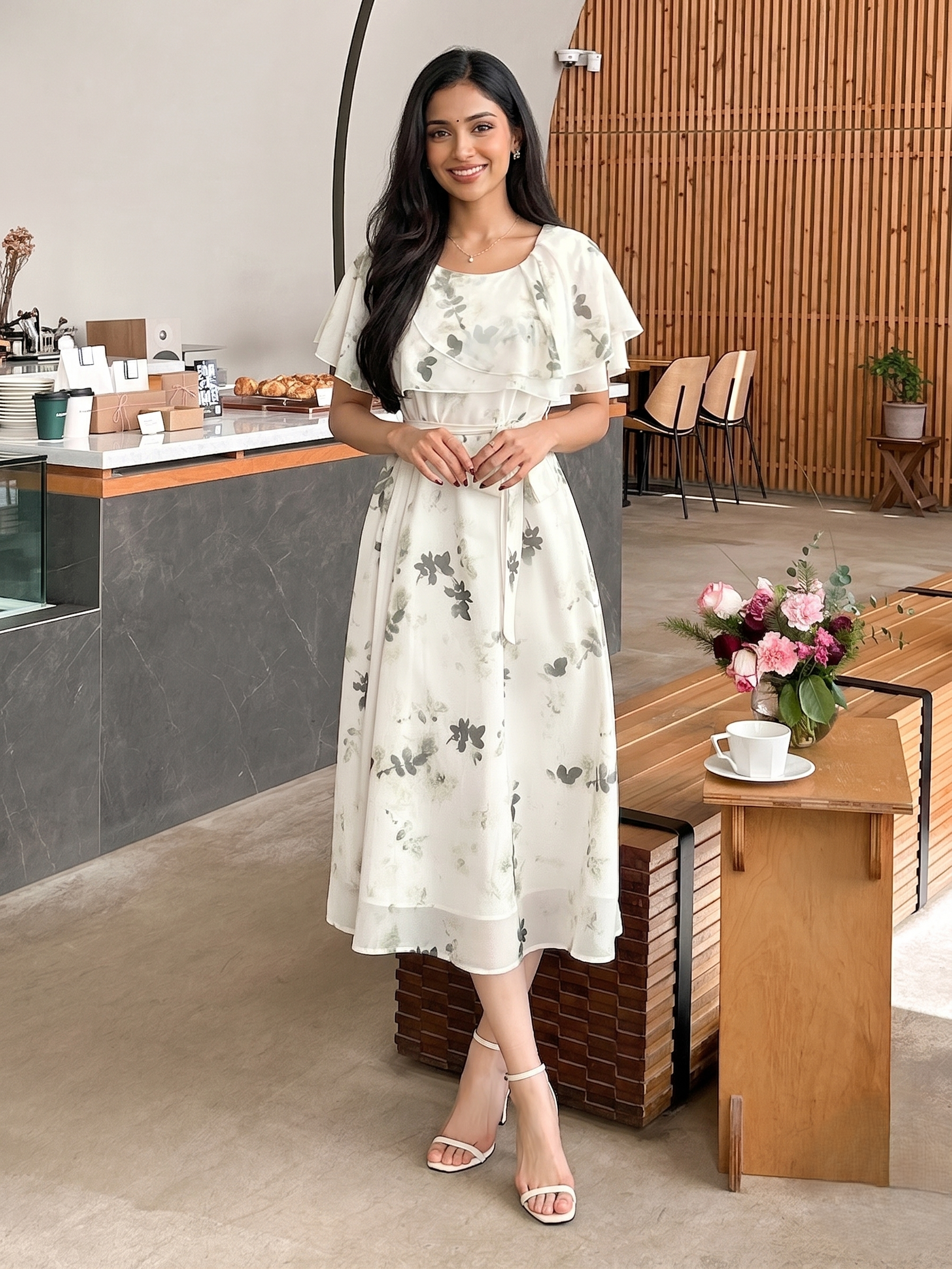 White Minimal Floral Midi Dress with Casual Elegant Style