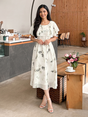 White Minimal Floral Midi Dress with Casual Elegant Style
