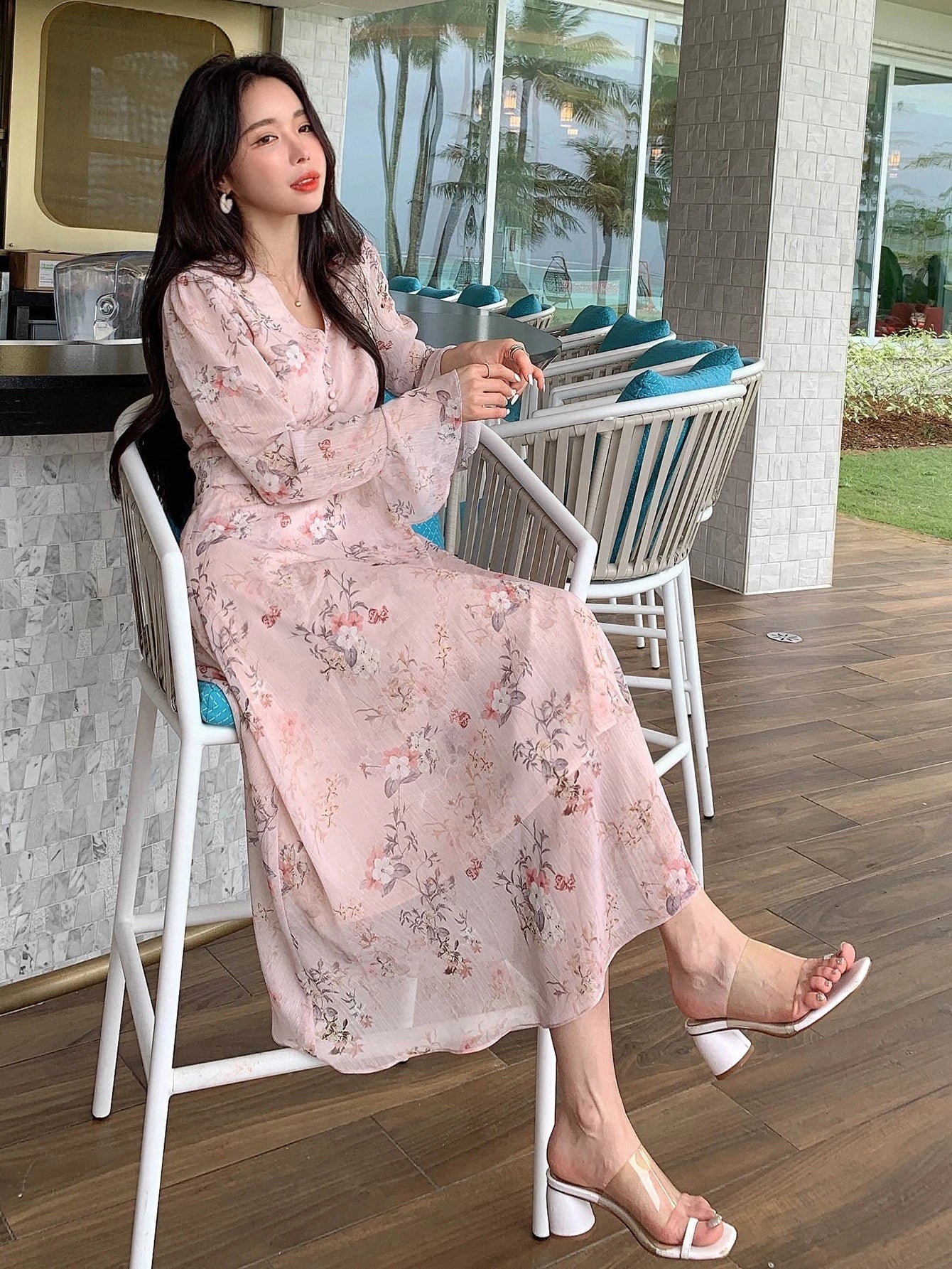 Lavender Floral Maxi Dress with Soft Korean Style Elegance