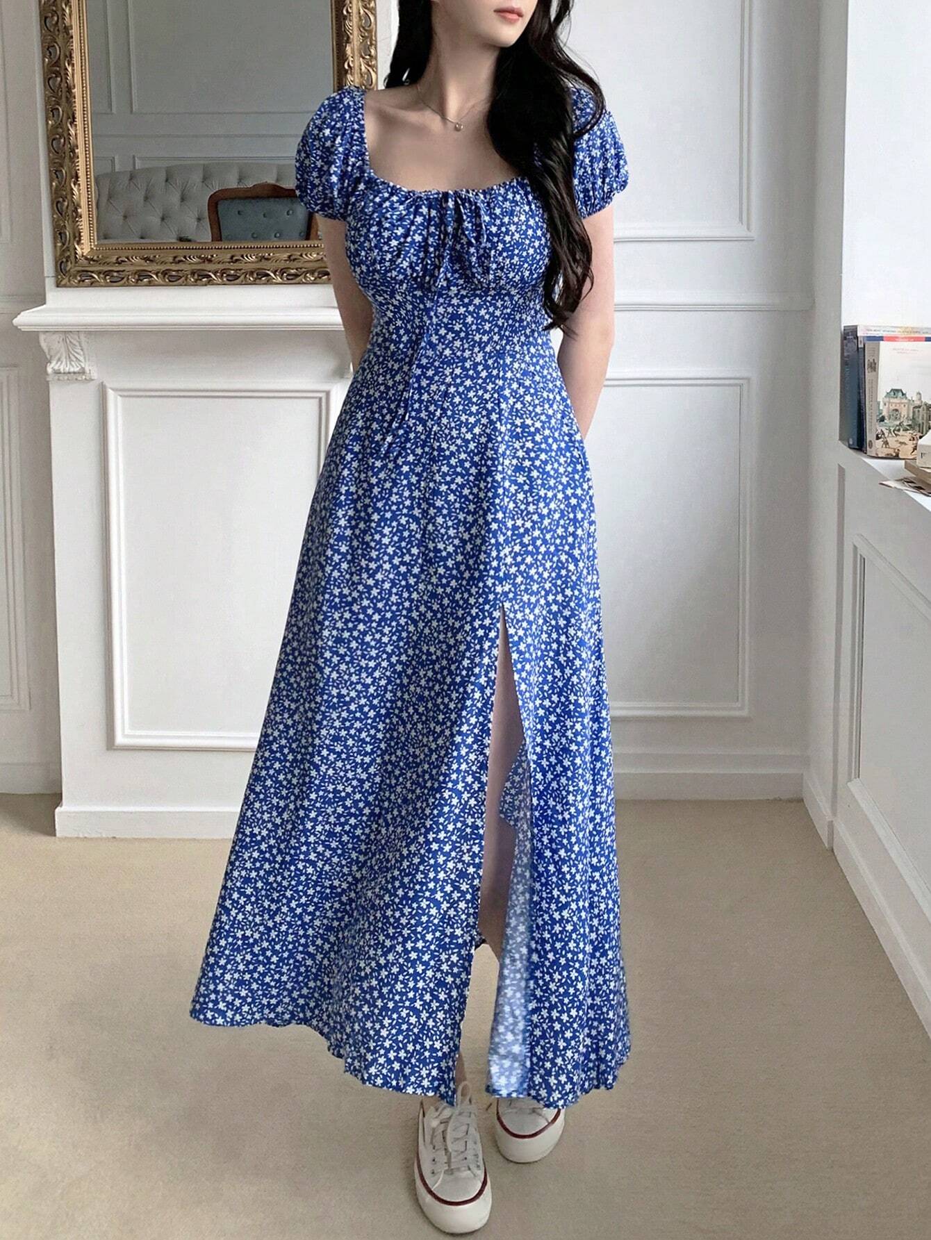 Navy Blue Floral Slit Maxi Dress with Elegant Evening Style