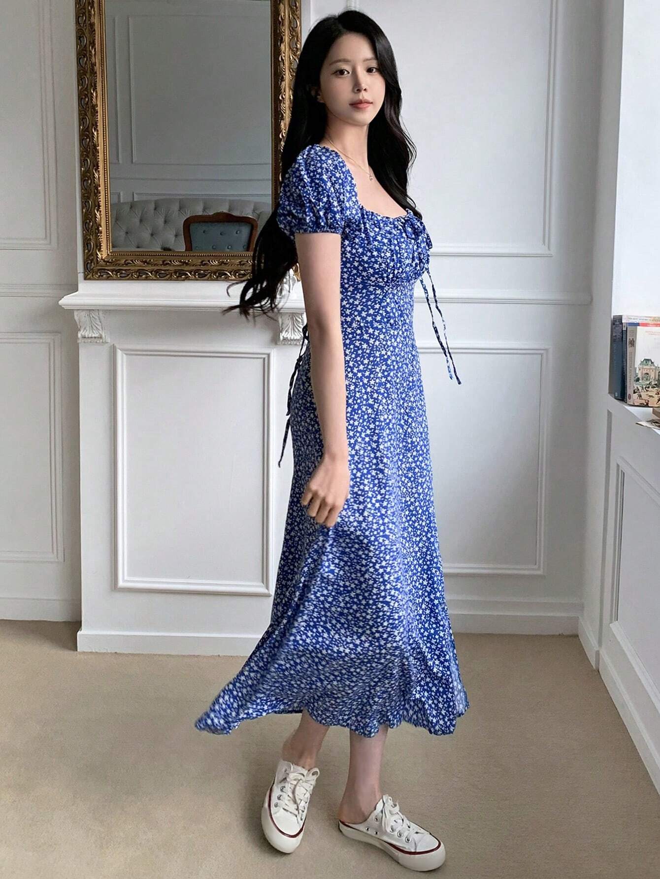 Navy Blue Floral Slit Maxi Dress with Elegant Evening Style
