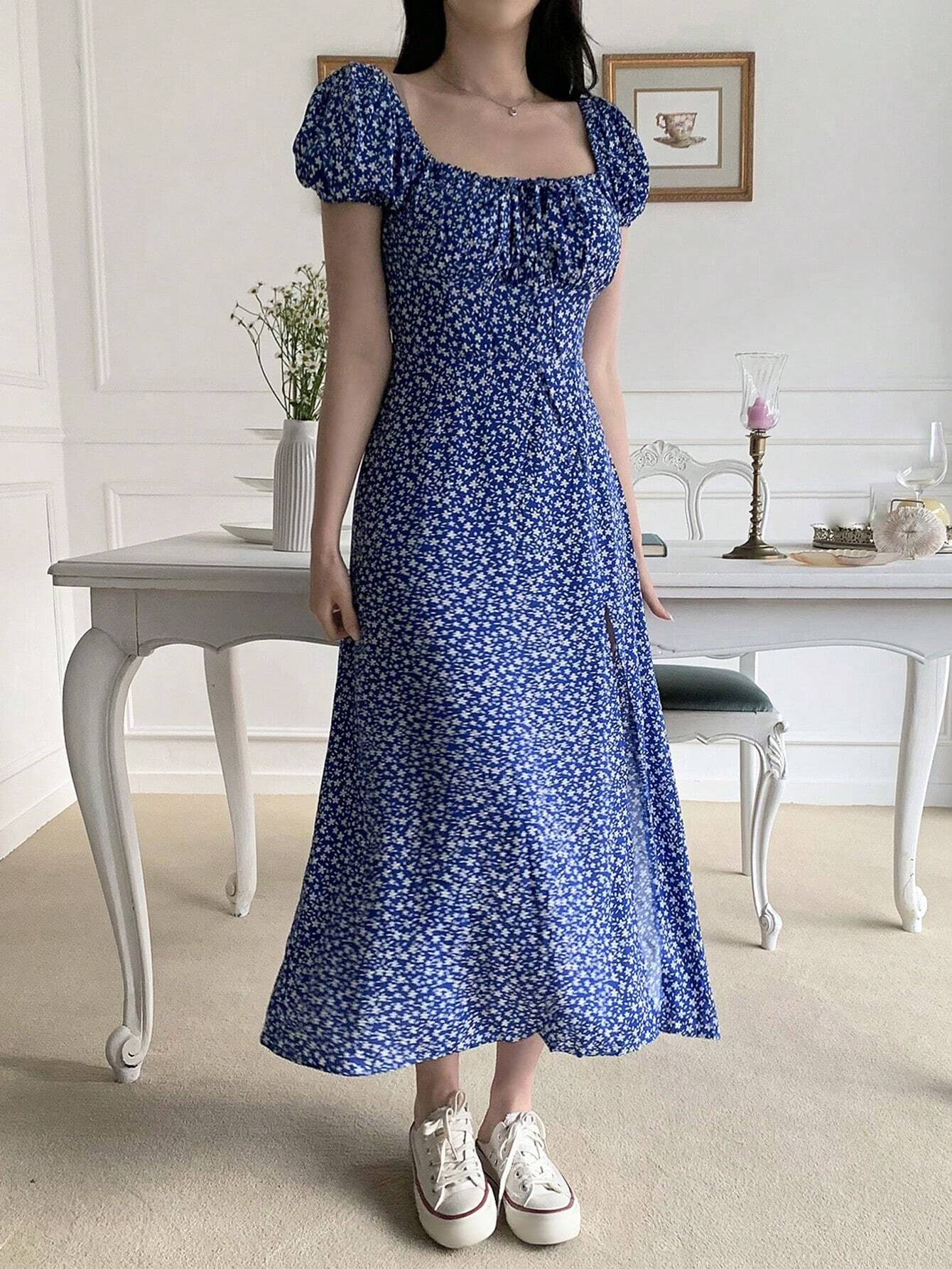 Navy Blue Floral Slit Maxi Dress with Elegant Evening Style