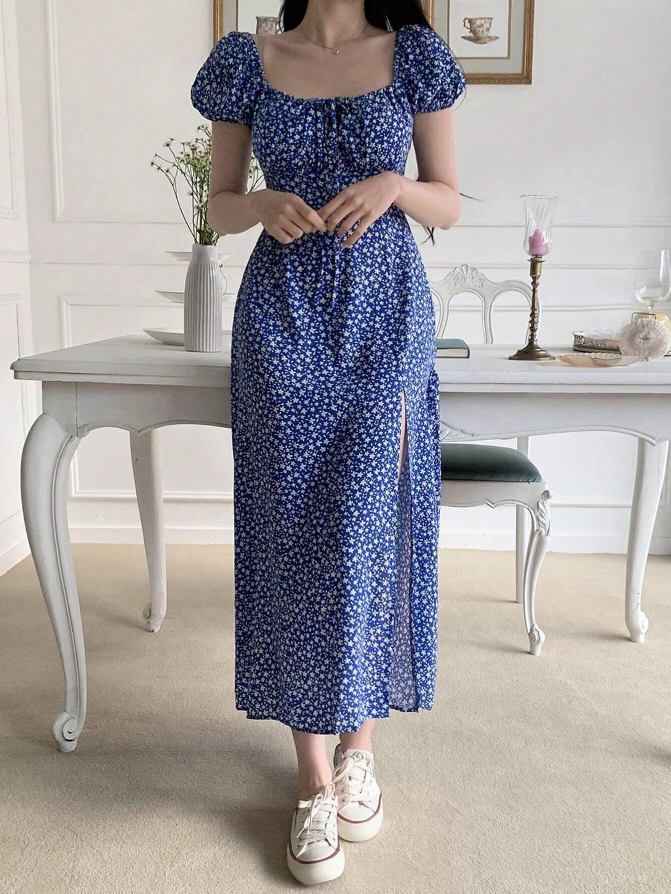 Navy Blue Floral Slit Maxi Dress with Elegant Evening Style