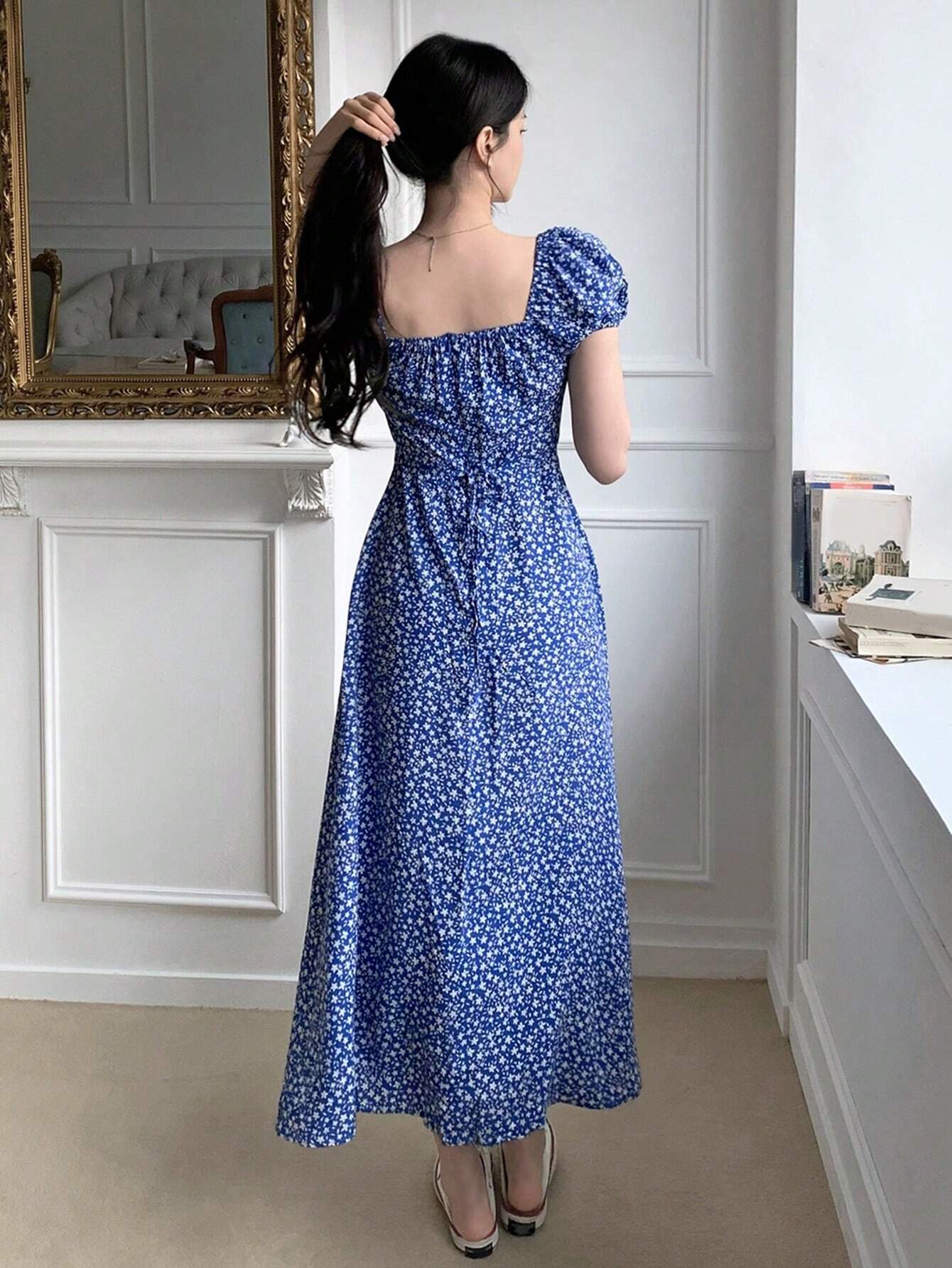 Navy Blue Floral Slit Maxi Dress with Elegant Evening Style