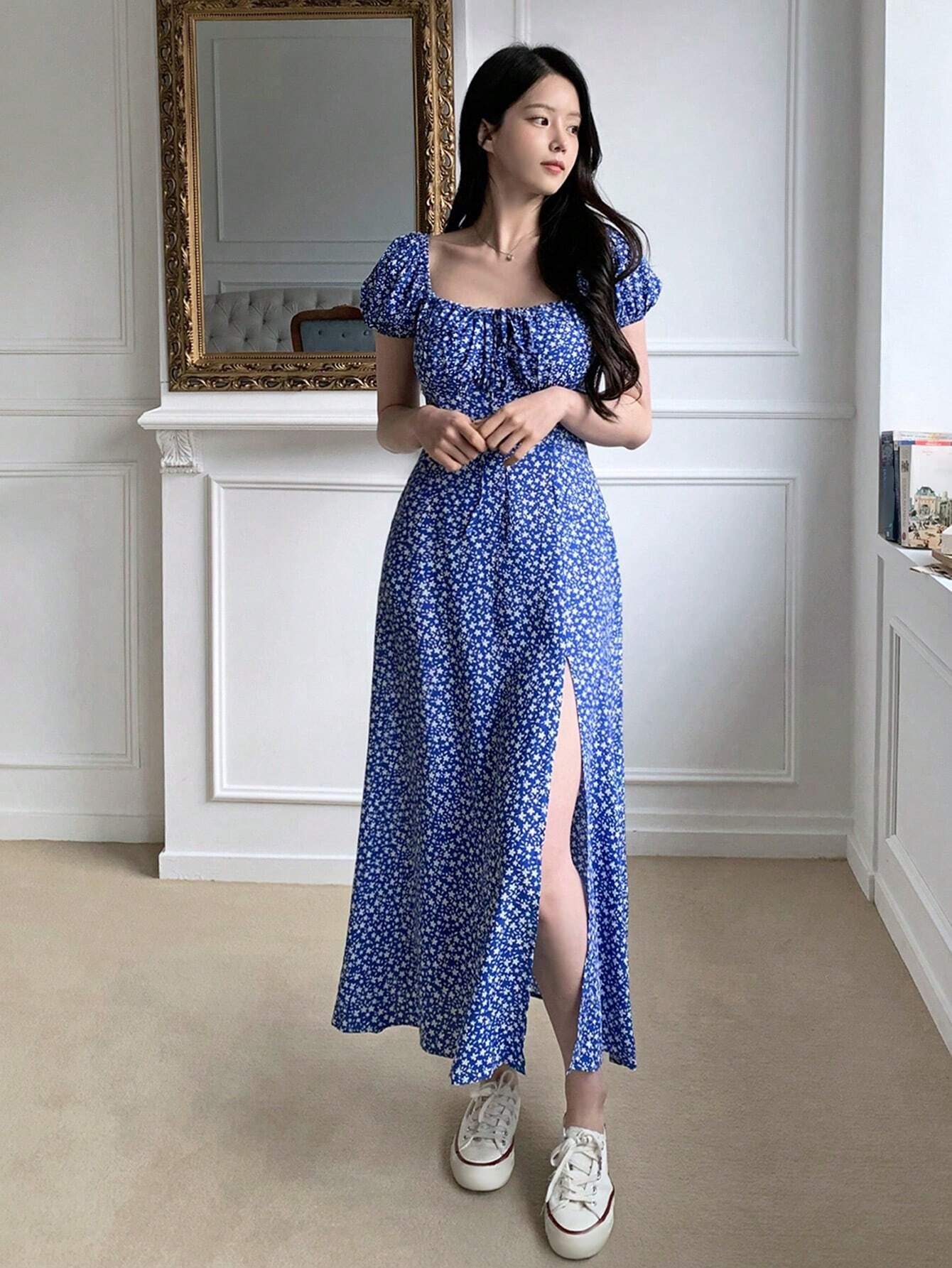 Navy Blue Floral Slit Maxi Dress with Elegant Evening Style