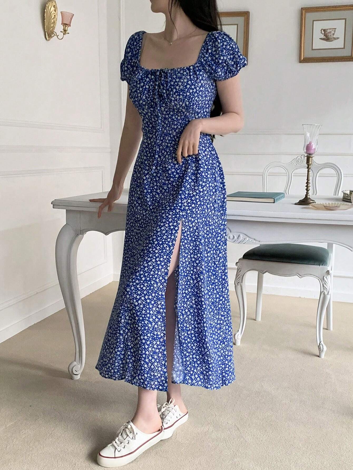 Navy Blue Floral Slit Maxi Dress with Elegant Evening Style