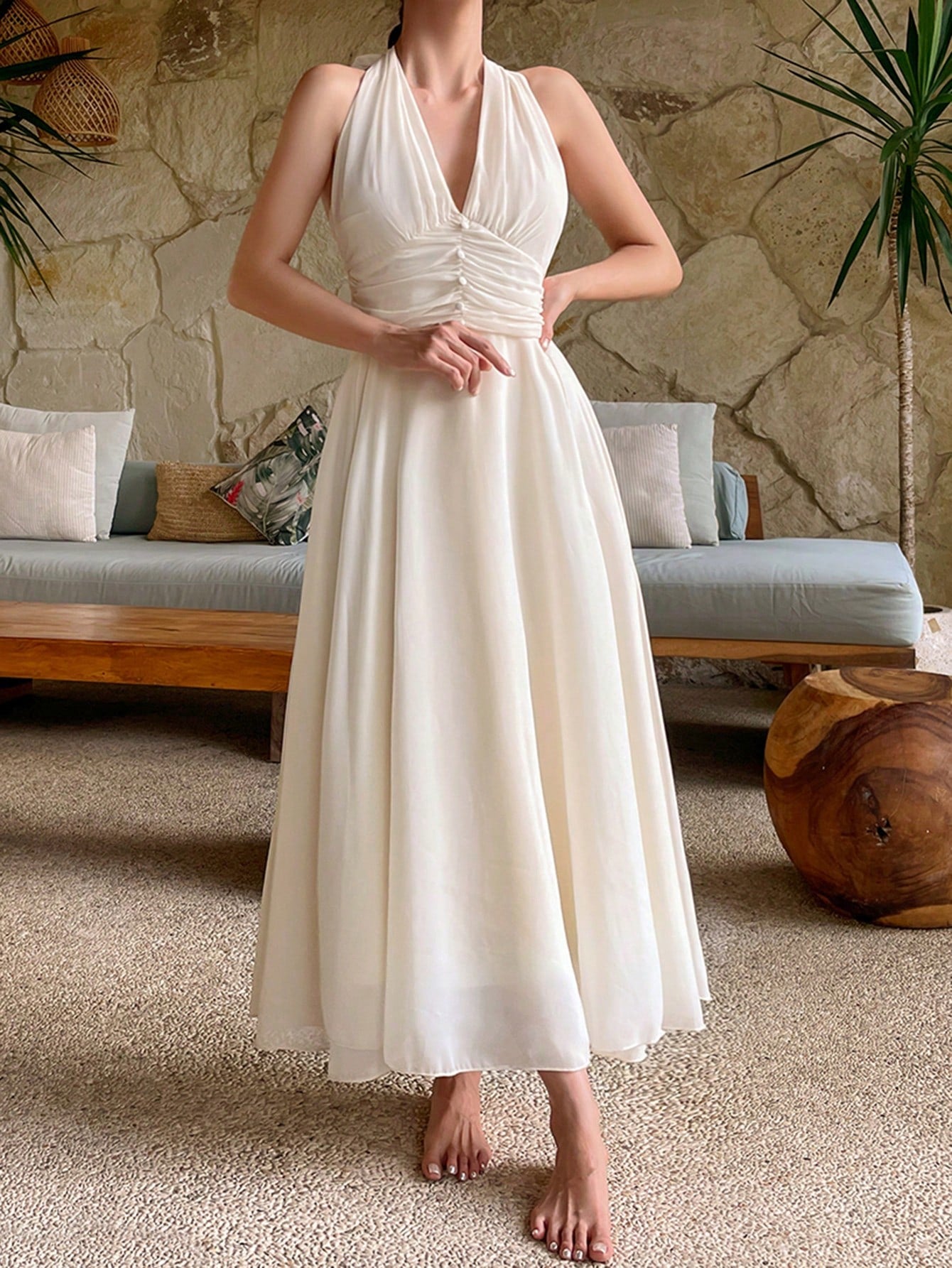 Cream Halter Neck Flowy Maxi Dress with Elegant Minimal Look