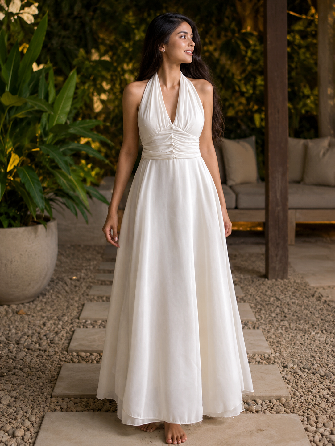 Cream Halter Neck Flowy Maxi Dress with Elegant Minimal Look